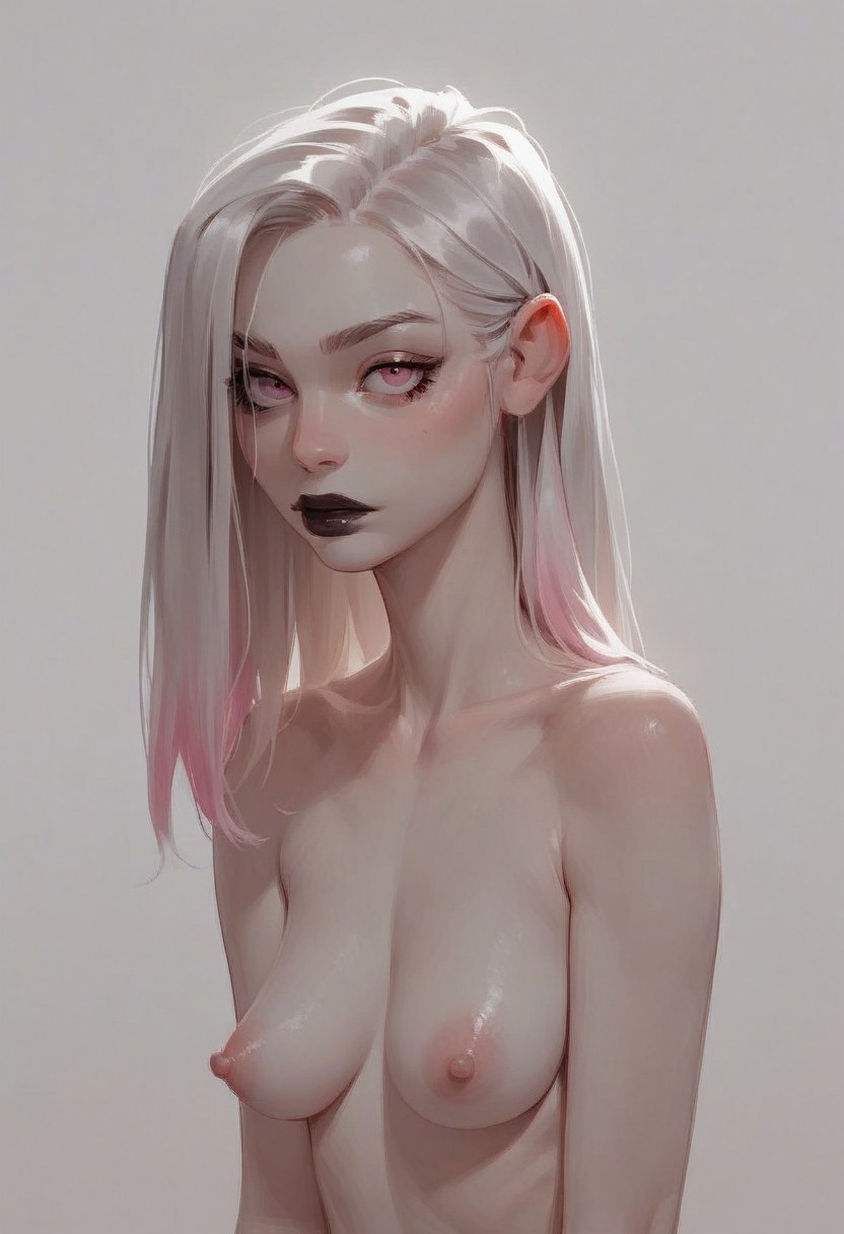 ai generated, black lipstick, breasts, female, flashing breasts, midcafe (artist), nude, pale skin, tagme, white hair