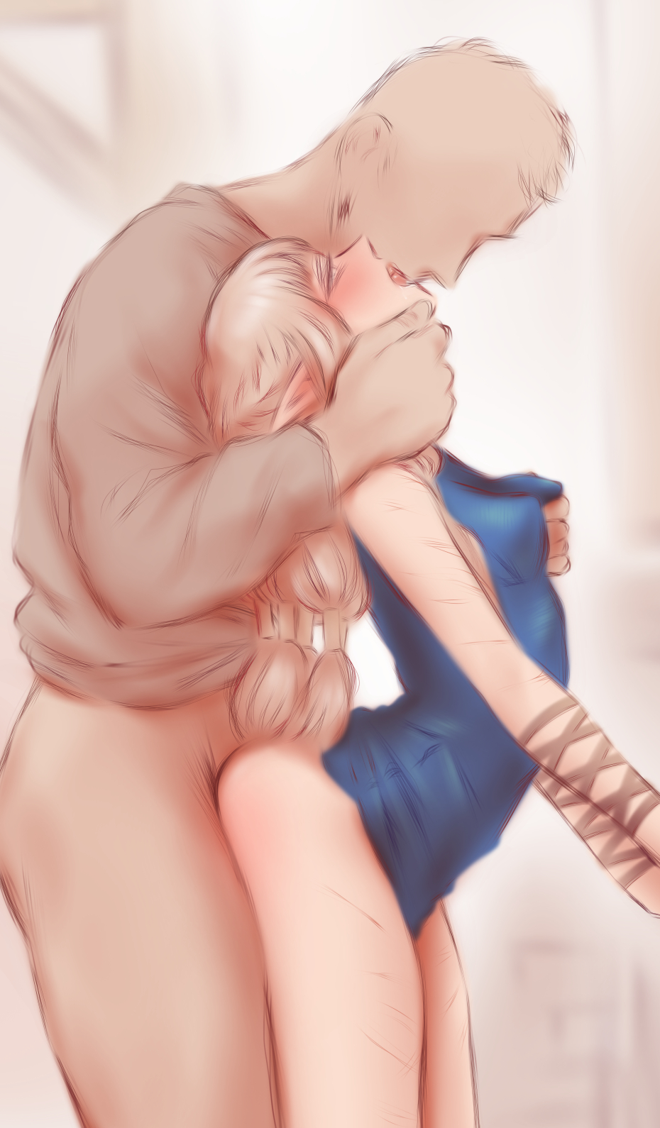 1boy 1girls arm_wrap bigger_male blonde_hair blue_dress blush bottomless breast_grab breasts brown_shirt clothed_sex commentary dress dungeon_meshi elf elf_ears elf_female english_commentary faceless faceless_male female forced_kiss french_kiss from_side grabbing_another's_breast grabbing_from_behind groping hand_on_another's_neck highres human interspecies kissing kissing_while_penetrated larger_male light-skinned_female long_hair long_sleeves male_human/female_elf mature_female medium_breasts milsiril_(dungeon_meshi) pointy_ears scar scar_on_arm scar_on_leg sex sex_from_behind shirt shpo sleeveless sleeveless_dress slim_waist smaller_female standing standing_sex straight thrusting vaginal_penetration