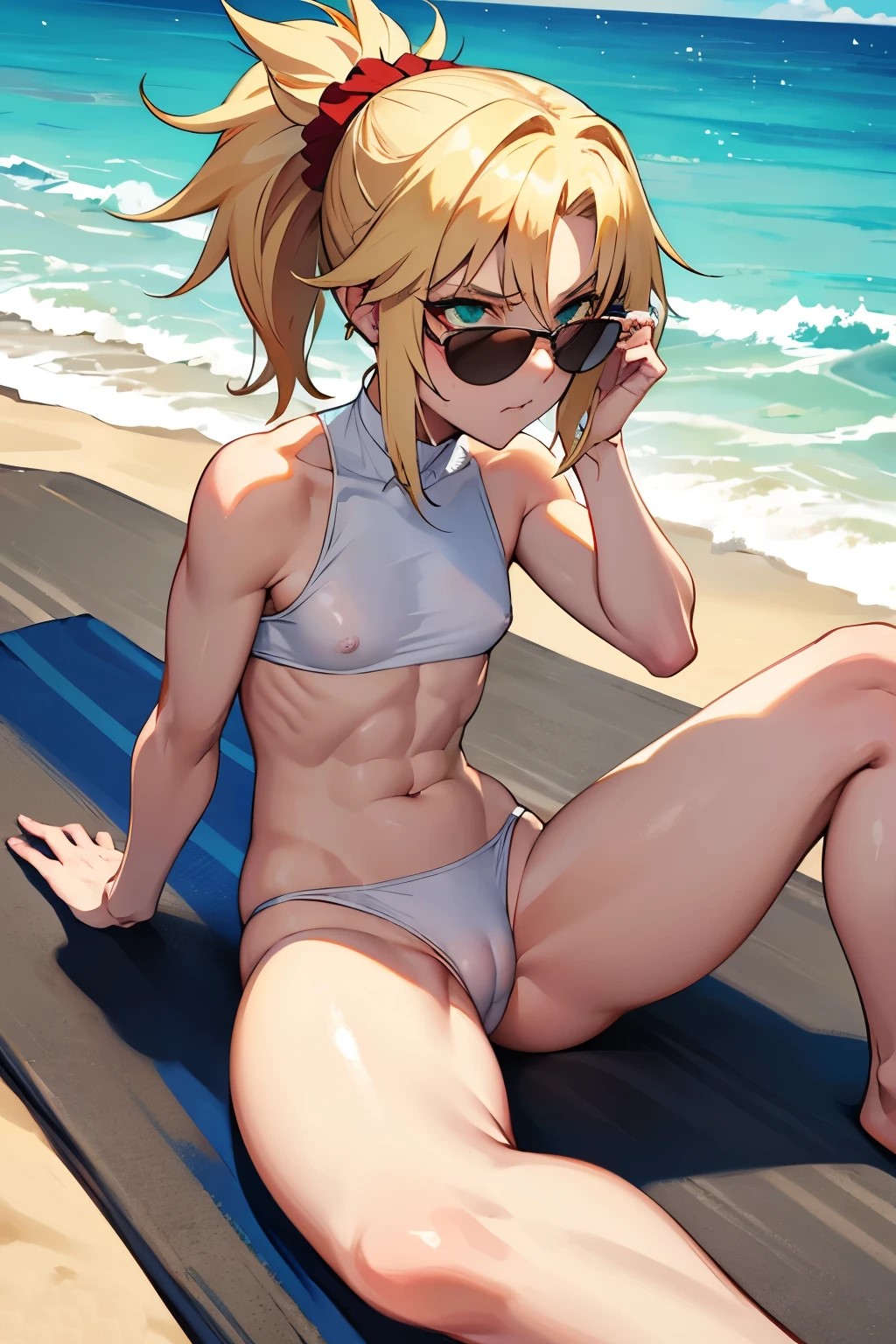 1girls ai_generated beach bikini blonde_female blonde_hair blonde_hair_female blue_eyes camel_toe cameltoe fate_(series) female female_only human looking_over_eyewear looking_over_sunglasses mordred_(fate) muscular muscular_female solo sunglasses swimsuit tinted_eyewear