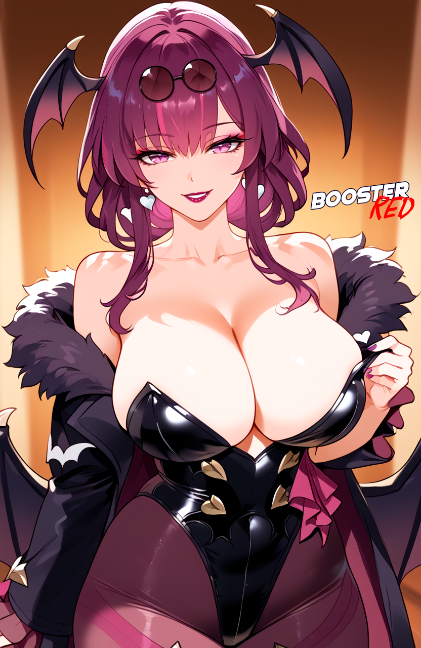 ai_generated alternate_costume animal_print bare_shoulders bat_wings black_leotard boosterred99 cosplay darkstalkers earrings honkai:_star_rail kafka_(honkai:_star_rail) large_breasts leotard long_hair morrigan_aensland morrigan_aensland_(cosplay) multicolored_hair pantyhose print_pantyhose purple_pantyhose seductive seductive_look seductive_smile stable_diffusion succubus succubus_wings