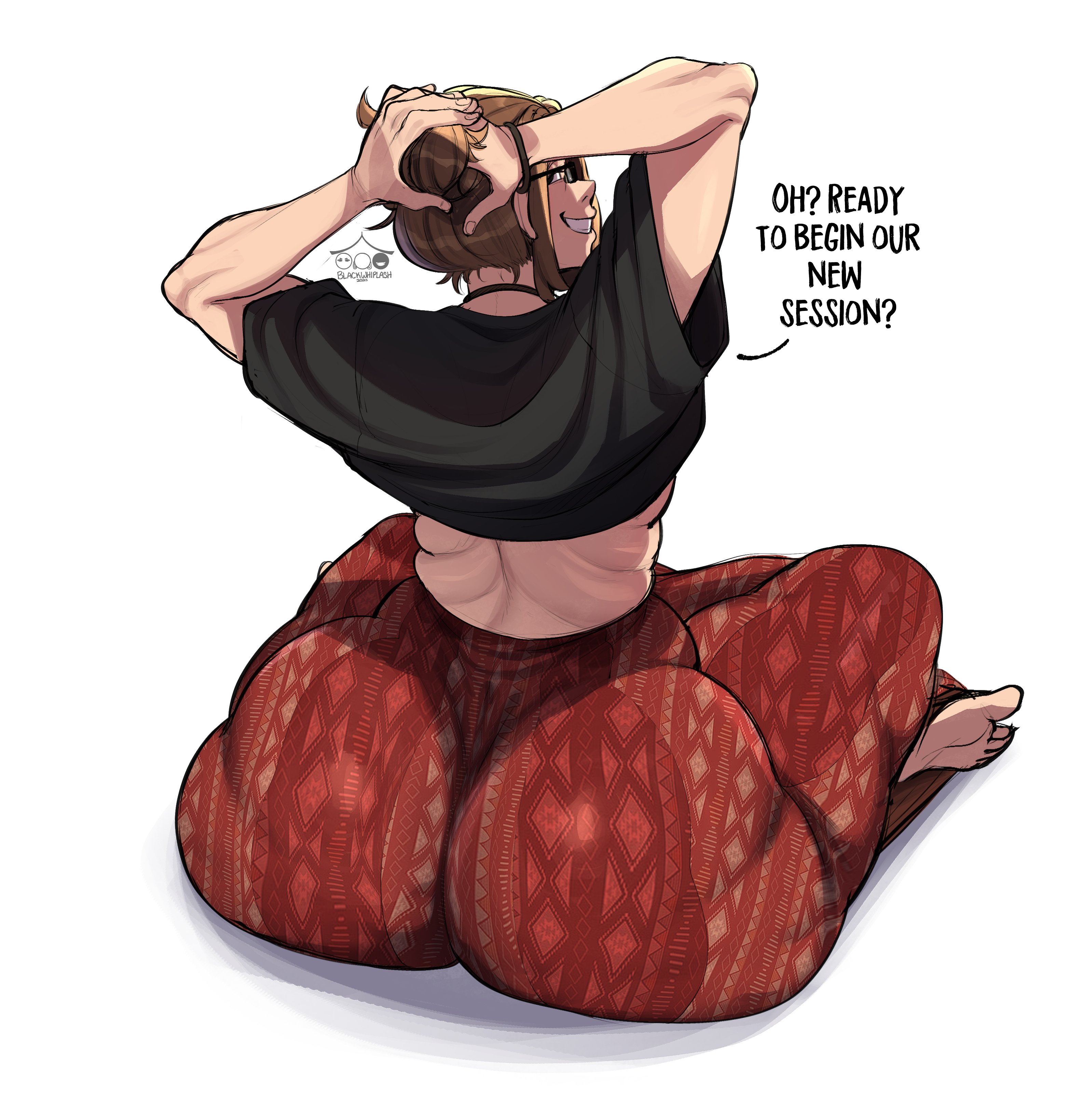 1boy, 2025, 2d, 2d (artwork), 2d artwork, arms up, artist name, artist signature, ass, august roberts (blackwhiplash), back, back view, barefoot, big ass, blackwhiplash, bottom heavy, bottom heavy femboy, bracelet, brown hair, dilf, english dialogue, english text, fat ass, feet, femboy, femboy dilf, forbidden pants, girly, glasses, huge ass, human, large ass, looking at viewer, looking back, male, male only, mature femboy, necklace, simple background, soles, solo, solo male, talking, talking to viewer, teeth, text, thick, thick ass, tied hair, tight clothing, tying hair, voluptuous, voluptuous male, white background, wide hips, yoga pants