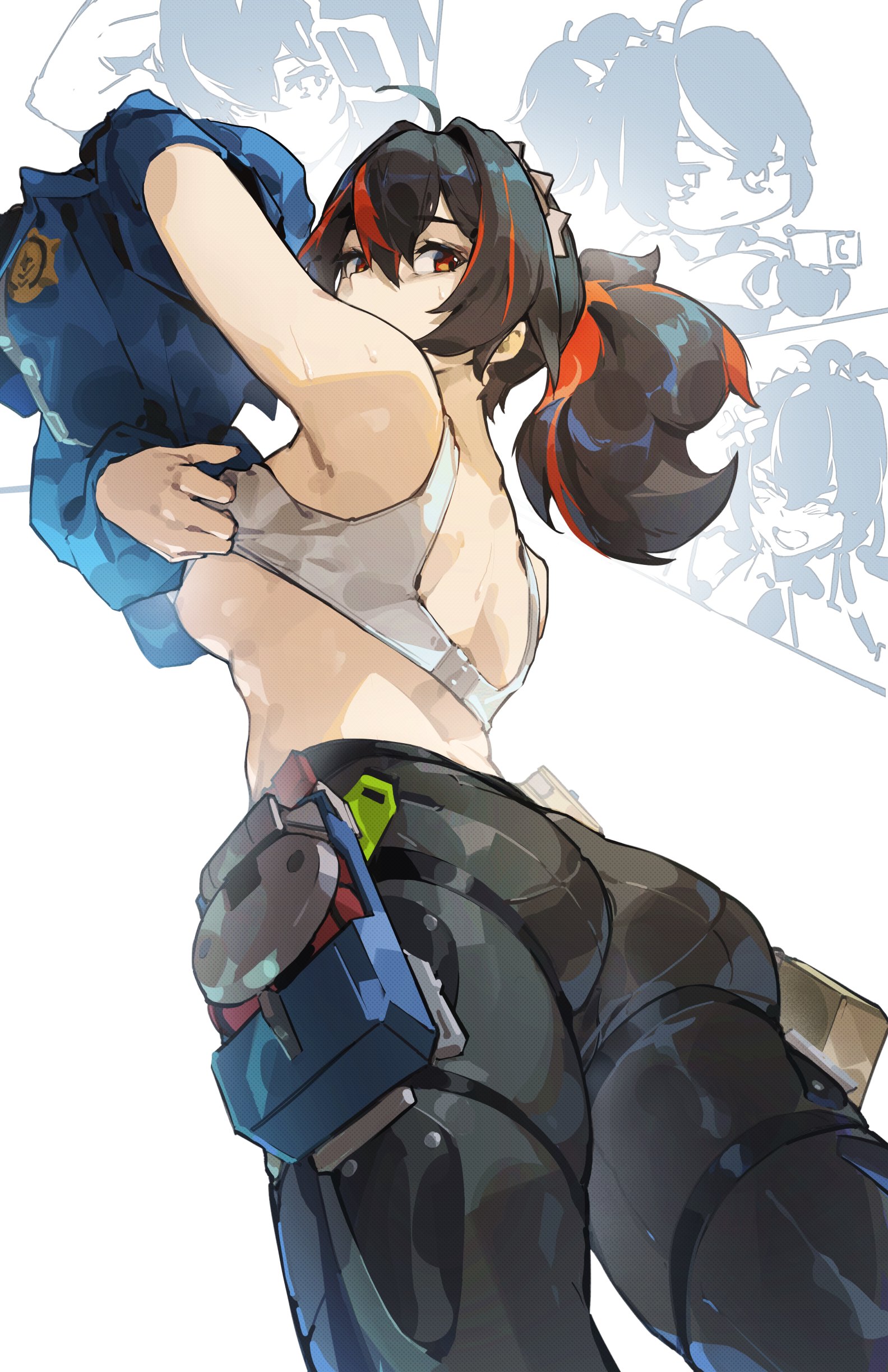 1girls, bra, cop, female, hoyoverse, kunomd, police, police uniform, policewoman, ponytail, removing bra, shiny clothes, skin tight clothes, sole female, sweaty, tight clothes, undressing, uniform, zenless zone zero, zhu yuan