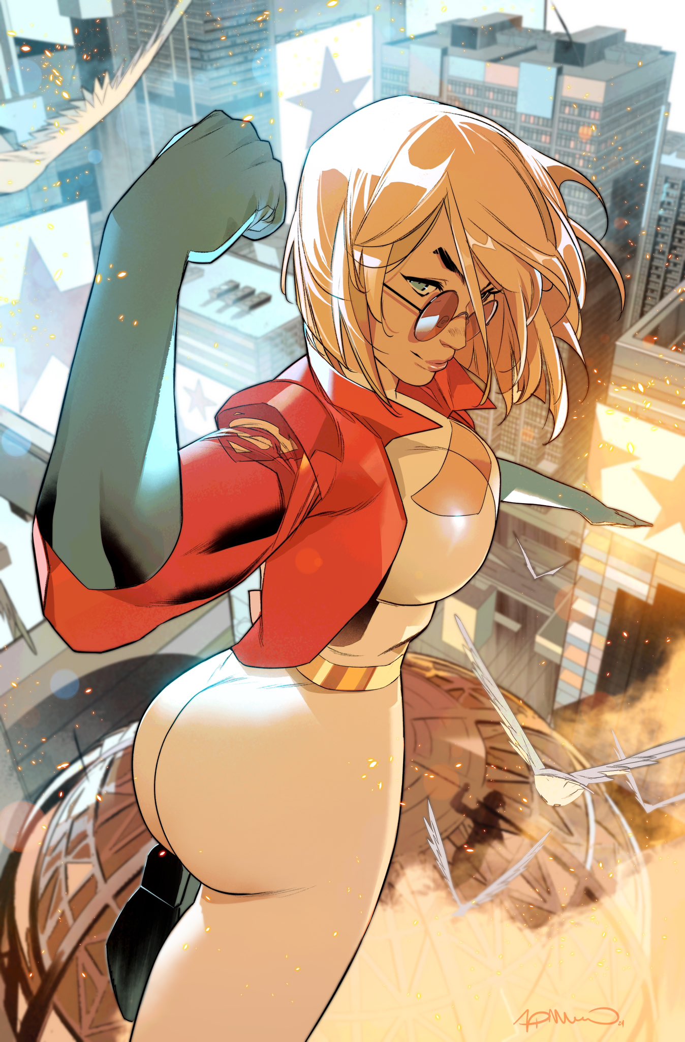 1girls alien alien_girl alien_humanoid artist_signature ass_focus belt big_ass big_breasts big_butt blonde_hair blue_boots blue_eyes blue_gloves boob_window brown-tinted_eyewear buildings butt_focus cleavage cover_page curvaceous curvy curvy_figure dat_ass dc dc_comics dove flexing flexing_bicep flying gloves gold_belt golden_belt heroine hourglass_figure huge_ass jacket karen_starr kryptonian leotard looking_at_viewer looking_back looking_over_eyewear looking_over_sunglasses nice_ass night official official_alternate_costume official_art pawg perfection pink_lips pose power_girl red_jacket round_ass seductive seductive_eyes seductive_look seductive_mouth seductive_smile simone_di_meo(artist) smile solo_female solo_focus sunglasses superheroine superman_(series) tinted_eyewear voluptuous white_leotard