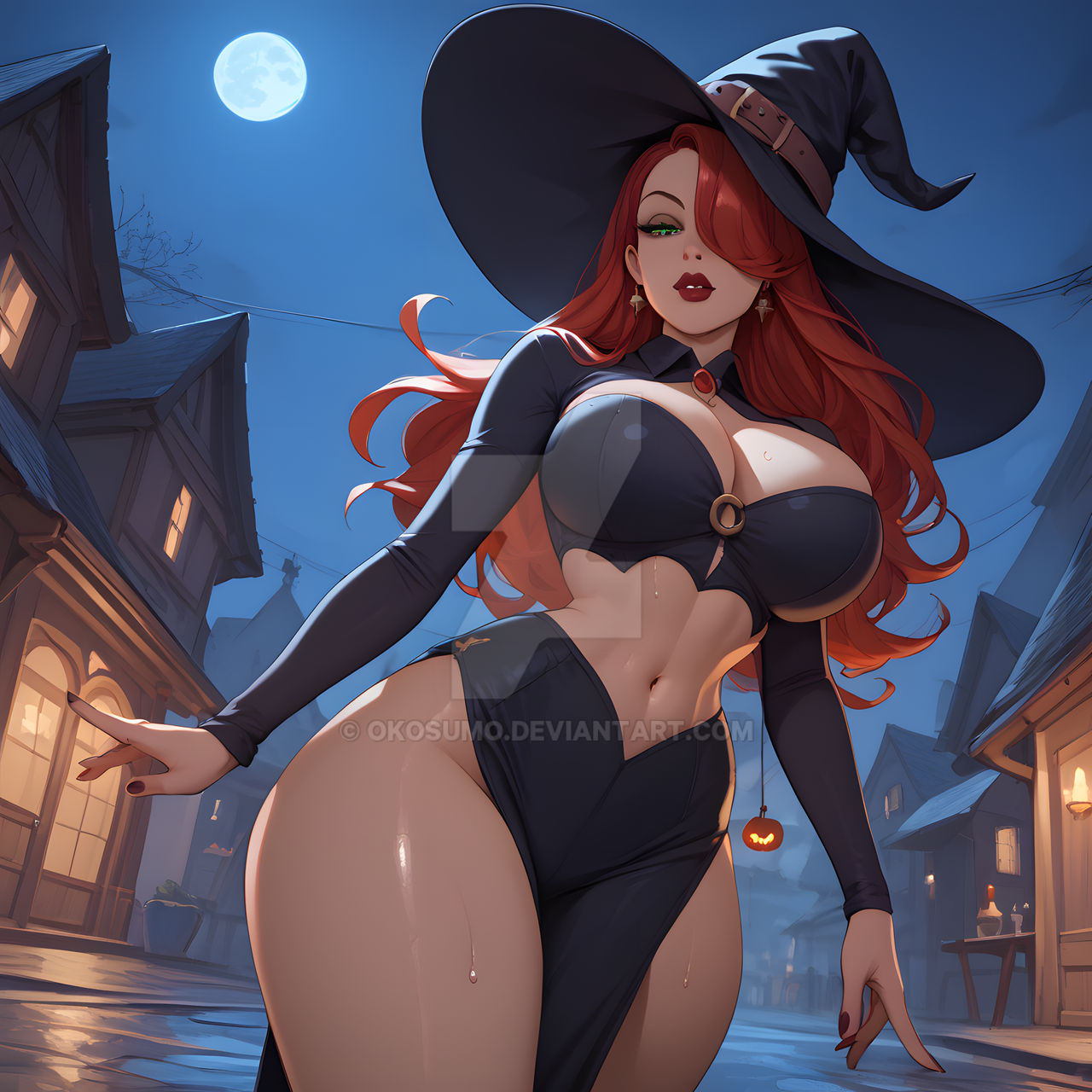 1girls, ai generated, ass, big breasts, breasts, cleavage, curvaceous, curvaceous body, curves, curvy, curvy body, curvy female, curvy figure, deviantart, exposed ass, exposed breasts, exposed butt, female, female only, green eyes, hourglass figure, huge breasts, inner sideboob, jessica rabbit, light skin, light-skinned female, okosumo, red hair, sideboob, solo, solo female, thick thighs, voluptuous, voluptuous female, watermark, who framed roger rabbit, witch, witch costume, witch hat