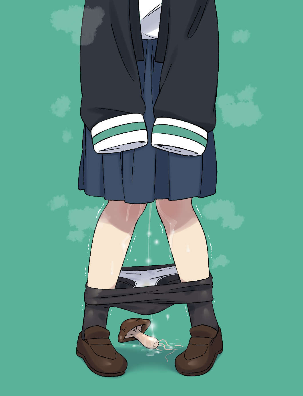 after_insertion black_cardigan black_pantyhose blue_skirt brown_footwear cardigan english_commentary female green_background head_out_of_frame highres knees_together_feet_apart loafers lower_body mushroom panties pantyhose pigeon-toed pleated_skirt pussy_juice pussy_juice_trail shino_(shinokani) shinonome_akira shoes shuumatsu_train_doko_e_iku? simple_background skirt sleeves_past_wrists solo steaming_body trembling underwear