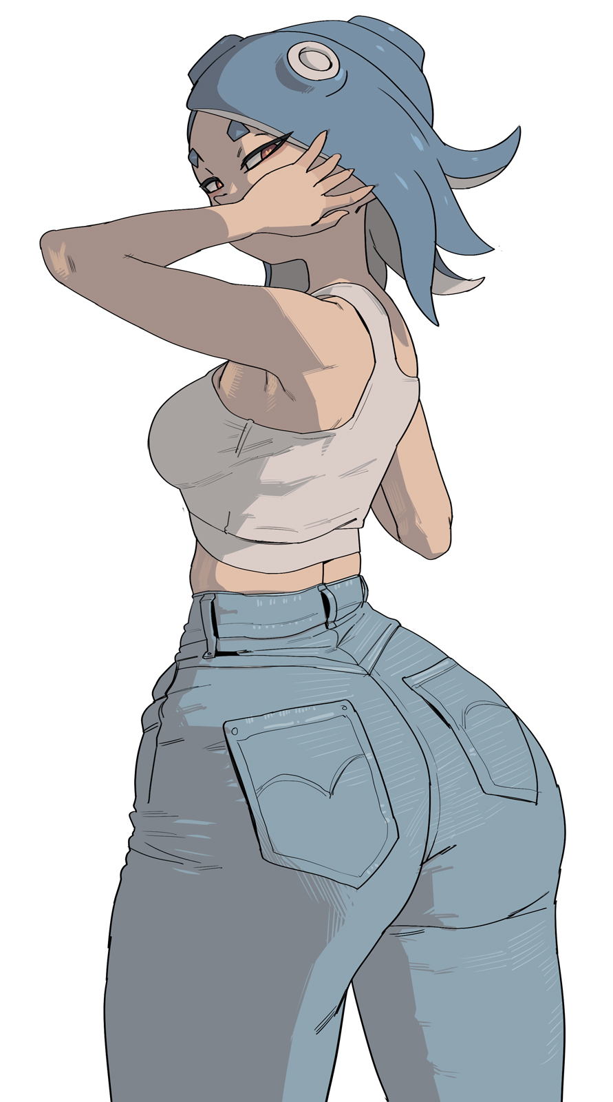 1girls ass blue_hair breasts clothed female hair_over_one_eye jeans large_ass light-skinned_female light_skin medium_breasts nintendo octoling red_eyes shiver_(splatoon) short_hair splatoon splatoon_3 tank_top thick_thighs yuta_agc