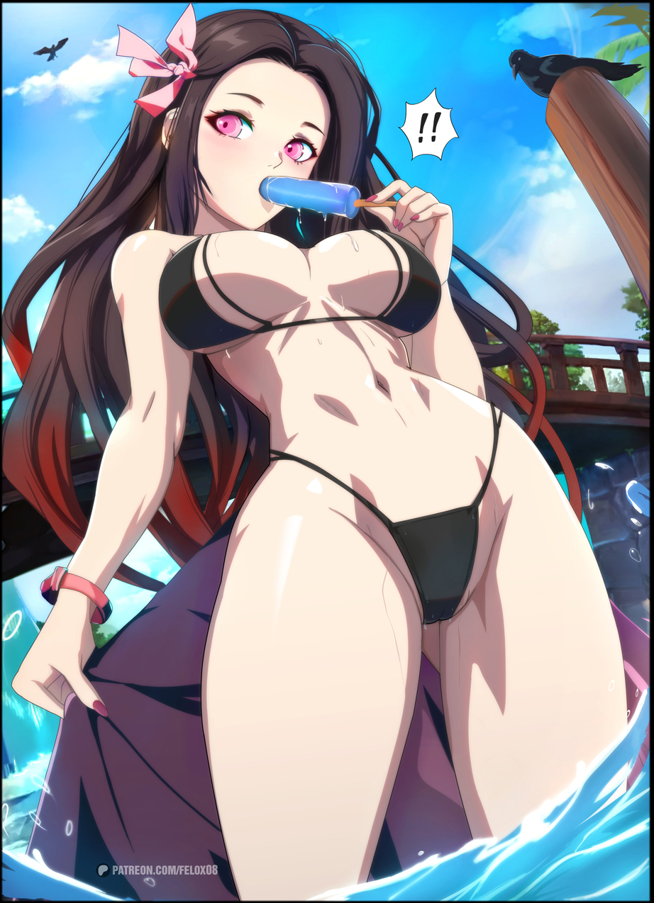 1girls, aged up, alternate breast size, ass, bare arms, bare legs, bare shoulders, bare thighs, big breasts, bikini, bikini bottom, bikini top, black hair, black-haired female, blush, breasts, clothed, clothing, color, demon slayer, eating, felox08, female, female focus, female only, fit, fit female, food, hi res, kamado nezuko, large breasts, light skin, light-skinned female, long hair, looking at viewer, nezuko kamado, pink eyes, popsicle, solo, solo female, tagme, thick thighs, water, wet