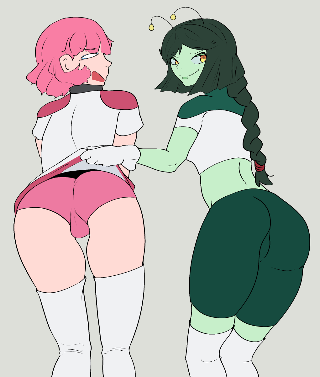 2girls alien alien_girl ass astronaut cameltoe corki_(pylons) embarrassed green_skin lifting_skirt mitts_(pylons) multiple_girls original panties pink_panties pylons upskirt