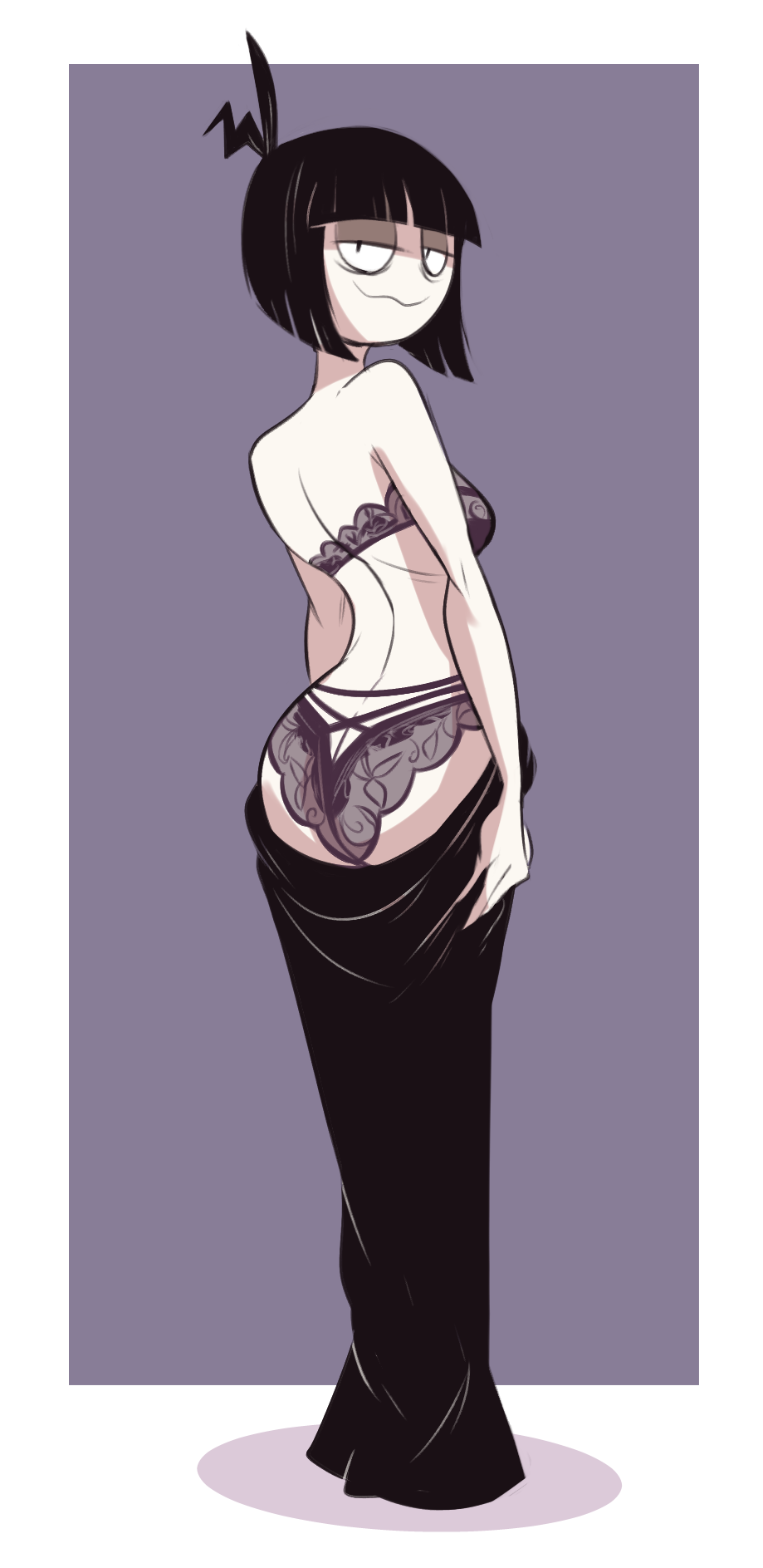 1girls, ass, ass cleavage, ass crack, bra, butt crack, creepy susie, dress, female, goth, goth mommy, gothic, herny, looking back, panties, the oblongs, undressing