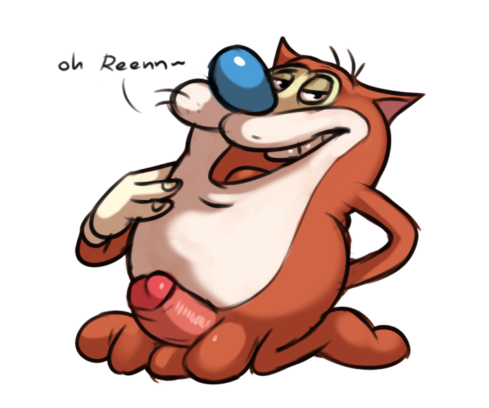 1boy anthro balls bedroom_eyes clothing dialogue dibs_(artist) english_text erection feline fur furry furry_only gloves half-closed_eyes humanoid_penis kneeling male male_only mammal nickelodeon nude open_mouth orange_fur penis plain_background presenting ren_and_stimpy solo stimpy teeth text tongue uncut whiskers white_background white_fur