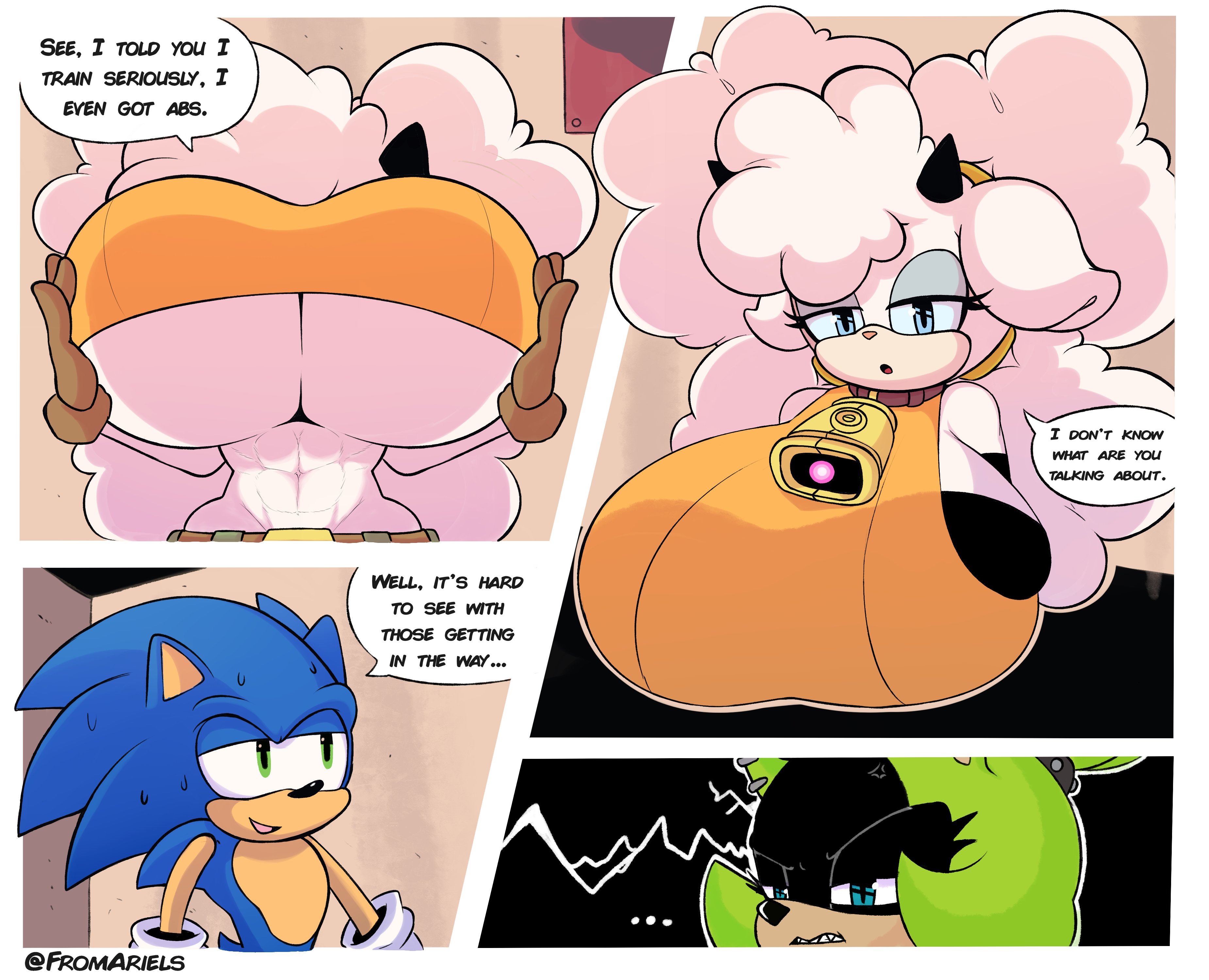 1boy, 2d, 2girls, anthro, bell, bell collar, blue eyes, breasts, breasts bigger than head, clothed, cowbell, female, female focus, fromariels, furry, furry only, green eyes, horns, huge breasts, hyper, hyper breasts, idw comics, idw publishing, jealous, lanolin the sheep, male, midriff, mobian, mobian (species), mobian sheep, mobian tenrec, multiple females, multiple girls, sega, sheep ears, sheep girl, sheep horns, sideboob, sonic (series), sonic the hedgehog, sonic the hedgehog (comics), sonic the hedgehog (idw), sonic the hedgehog (series), surge the tenrec, teasing, underboob, white body, white fur, white hair