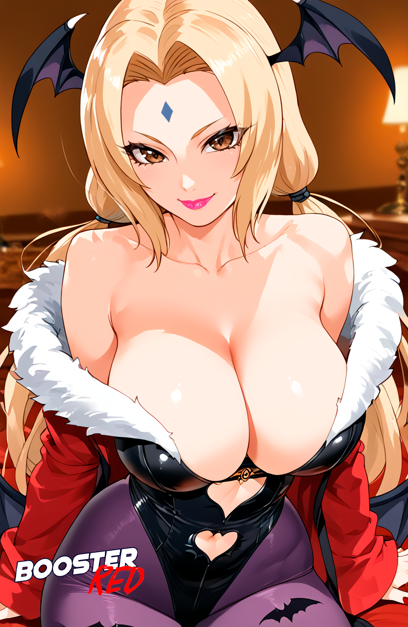 ai_generated alternate_costume animal_print bare_shoulders bat_wings black_leotard boosterred99 cosplay darkstalkers demon earringslarge_breasts leotard long_hair mature mature_female mature_woman milf morrigan_aensland morrigan_aensland_(cosplay) multicolored_hair naruto naruto_(series) naruto_shippuden pantyhose print_pantyhose purple_pantyhose seductive seductive_look seductive_smile stable_diffusion succubus succubus_wings tsunade