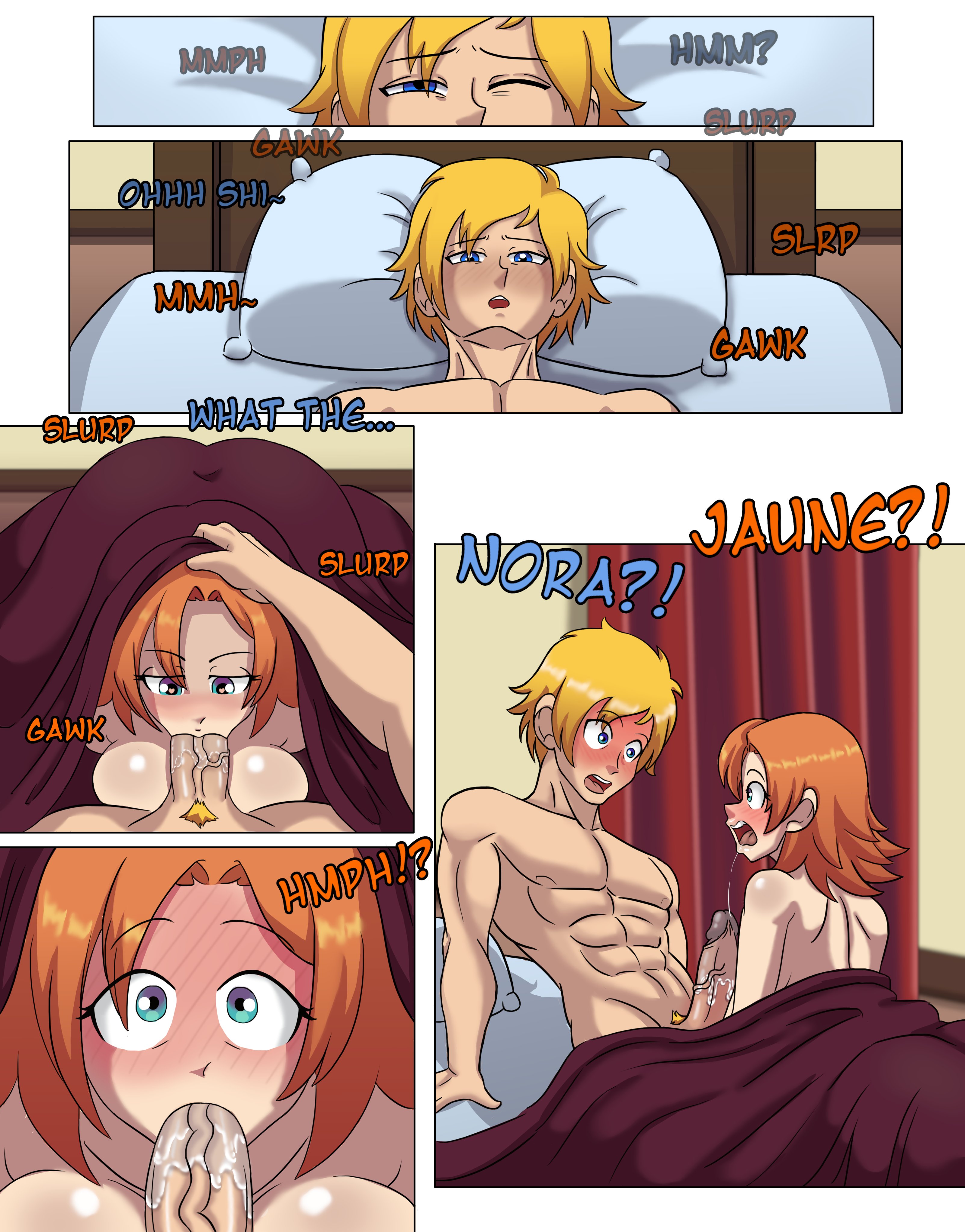 1boy, 1girls, bedroom, blonde hair, blowjob, blowjob under sheets, blue eyes, bruntgonewrong, comic, dorm, english text, fellatio, fellatio under sheet, female, ginger hair, goneawful, jaune arc, male, nora valkyrie, penis, rooster teeth, rwby, saliva, saliva on penis, sound effects, text, viz media