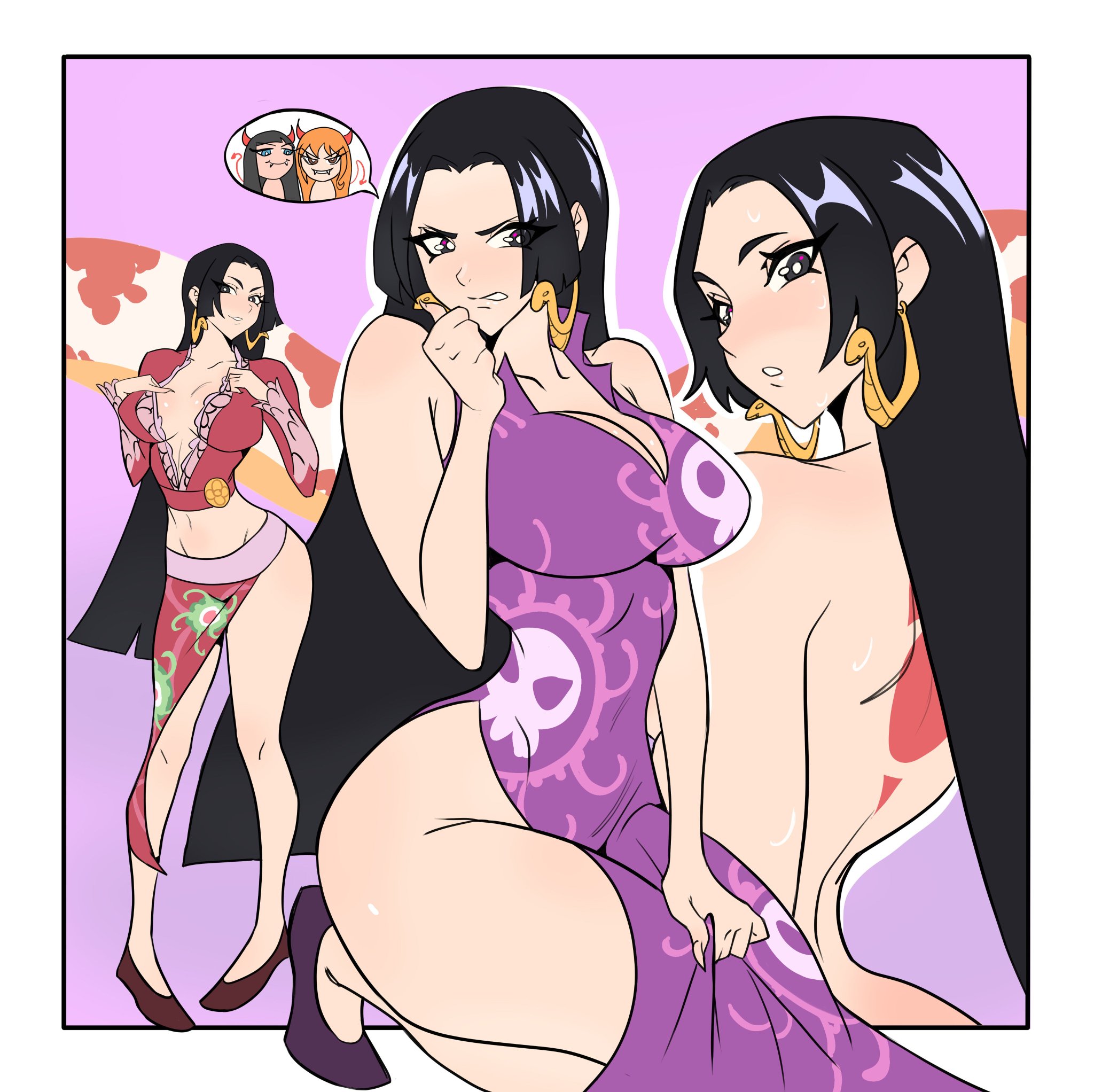 1girls, amazon lily, ass, back tattoo, back view, big ass, big breasts, black hair, black-haired female, boa hancock, breasts, busty, cleavage, curvy, dress, female, female only, implied nudity, jealous, kritukri, light skin, light-skinned female, long hair, midriff, multiple outfits, multiple poses, multiple views, nude, one piece, pose, purple dress, salome (one piece), snake, solo, tattoo, thick thighs, wide hips