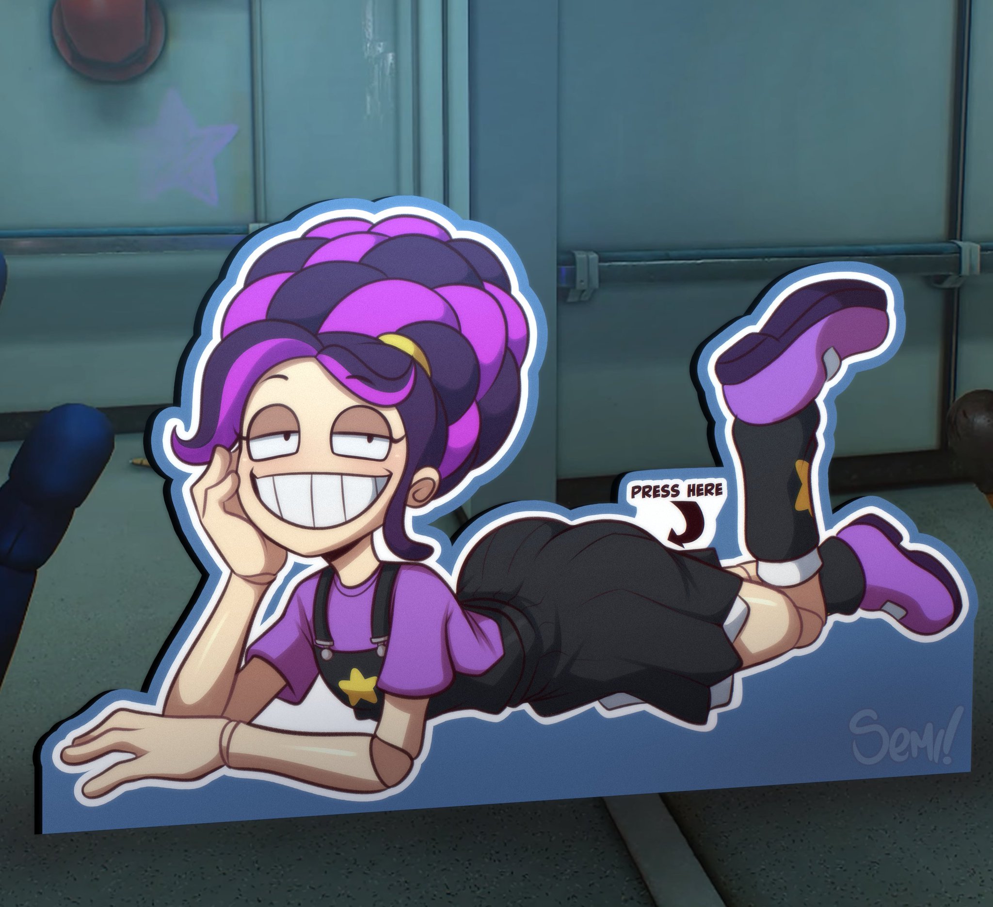 1female, 1girls, 2026, 2026s, 2d, 2d (artwork), 2d artwork, 4 fingers, animate inanimate, artist name, ass, ball jointed doll, ball joints, bare ass, bare butt, bare thighs, big teeth, black bottomwear, black clothing, black eyes, black skirt, black socks, bottomwear, braid, braided bun, braided hair, braided ponytail, braids, breasts, bun, clothed, clothed female, clothing, digital art, digital drawing, digital drawing (artwork), digital media, digital media (artwork), digital painting, digital painting (artwork), doll, doll girl, doll joints, english, english text, eyebrows, eyelashes, feet up, female, female focus, female humanoid, female only, female solo, fingers, foot up, footwear, hair, hair accessory, hair ribbon, hair tie, hand on face, humanoid, humanoid female, inanimate animate, light skin, light-skinned female, lily lovebraids, lily lovebraids (poppy playtime), living doll, living toy, looking at viewer, mascot horror, messy hair, mob entertainment, mob games, naughty, naughty face, naughty girl, naughty smile, no humans, noseless, not furry, one foot up, overall skirt, overalls, poppy playtime, poppy playtime (chapter 5), pose, purple clothing, purple footwear, purple hair, purple shirt, purple shoes, purple topwear, seducing, seduction, seductive, seductive body, seductive eyes, seductive look, seductive mouth, seductive pose, seductive smile, semidraws, shiny hair, shirt, shoes, small breasts, smile, smiley face, smiling, smiling at viewer, socks, solo, solo female, solo focus, star, star (shape), star (symbol), star print, teeth, text, thick thighs, thighs, tied hair, topwear, vibrant hair, video games, wide hips, without skirt, yellow bun, yellow tie
