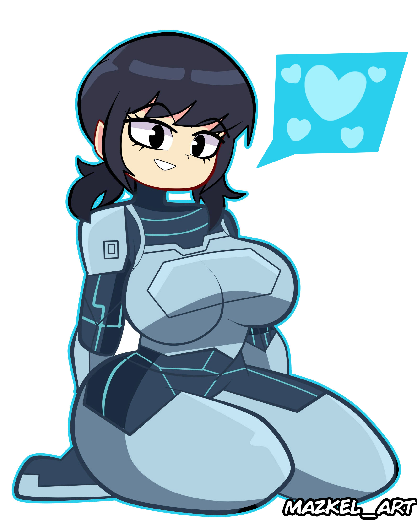 1girls, armored female, arms behind back, big breasts, black hair, bodysuit, breasts, busy, color, female, female focus, female only, human, invincible, invincible (tv series), light skin, looking at viewer, mazkel art, simple background, smile, tech jacket, tech jacket (zoe thompson), teenager, thick ass, thick thighs, twitter link, white background, wide hips