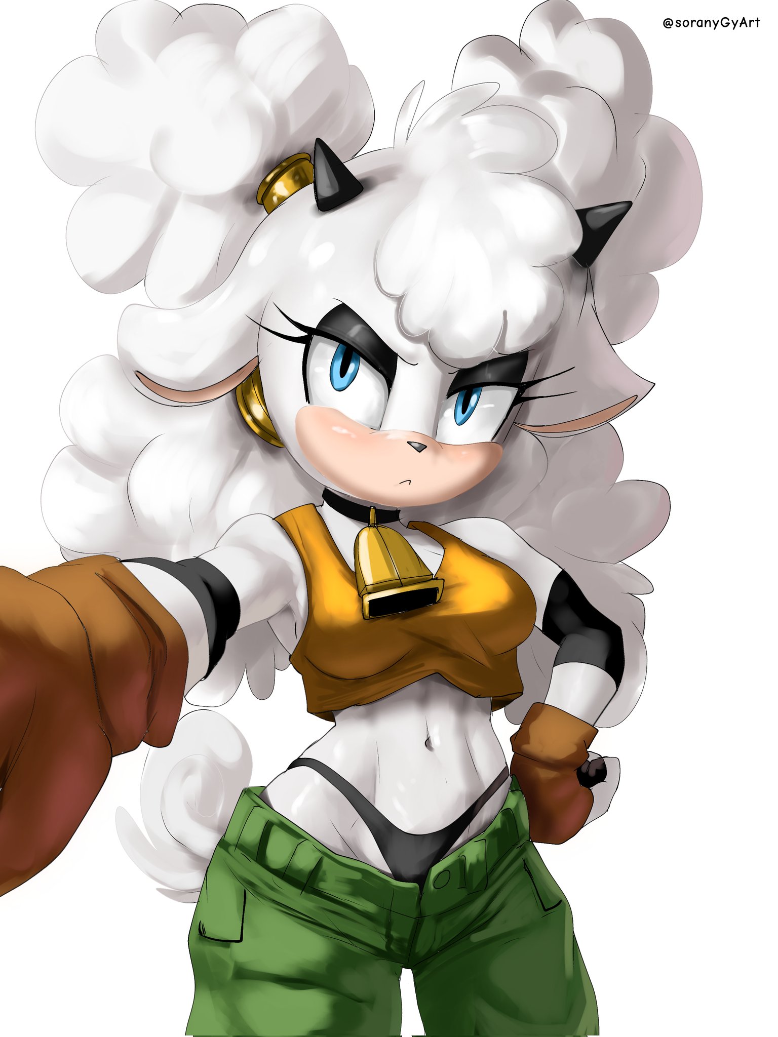 1girls, annoyed, annoyed expression, bell, clothed, clothing, crop top, digital drawing (artwork), digital media (artwork), female, furry, hand on hip, holding camera, lanolin the sheep, looking at viewer, panties, pants, pants down, sega, sheep, sheep girl, solo, solo female, solo focus, sonic (series), sonic the hedgehog (comics), sonic the hedgehog (idw), sonic the hedgehog (series), soranygy