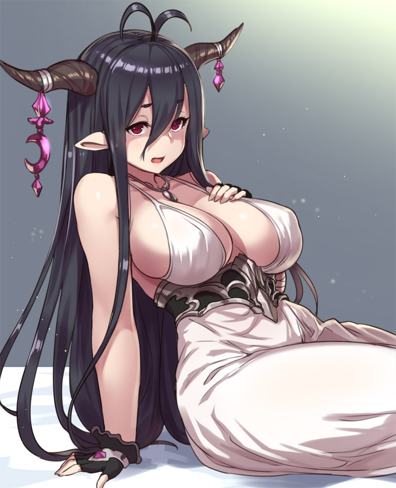 animal ears, black hair, breasts, cleavage, danua, doraf, dress, female, fingerless gloves, gloves, granblue fantasy, hair ornament, horns, houtengeki, large breasts, long hair, open mouth, pendant, red eyes, sitting, solo