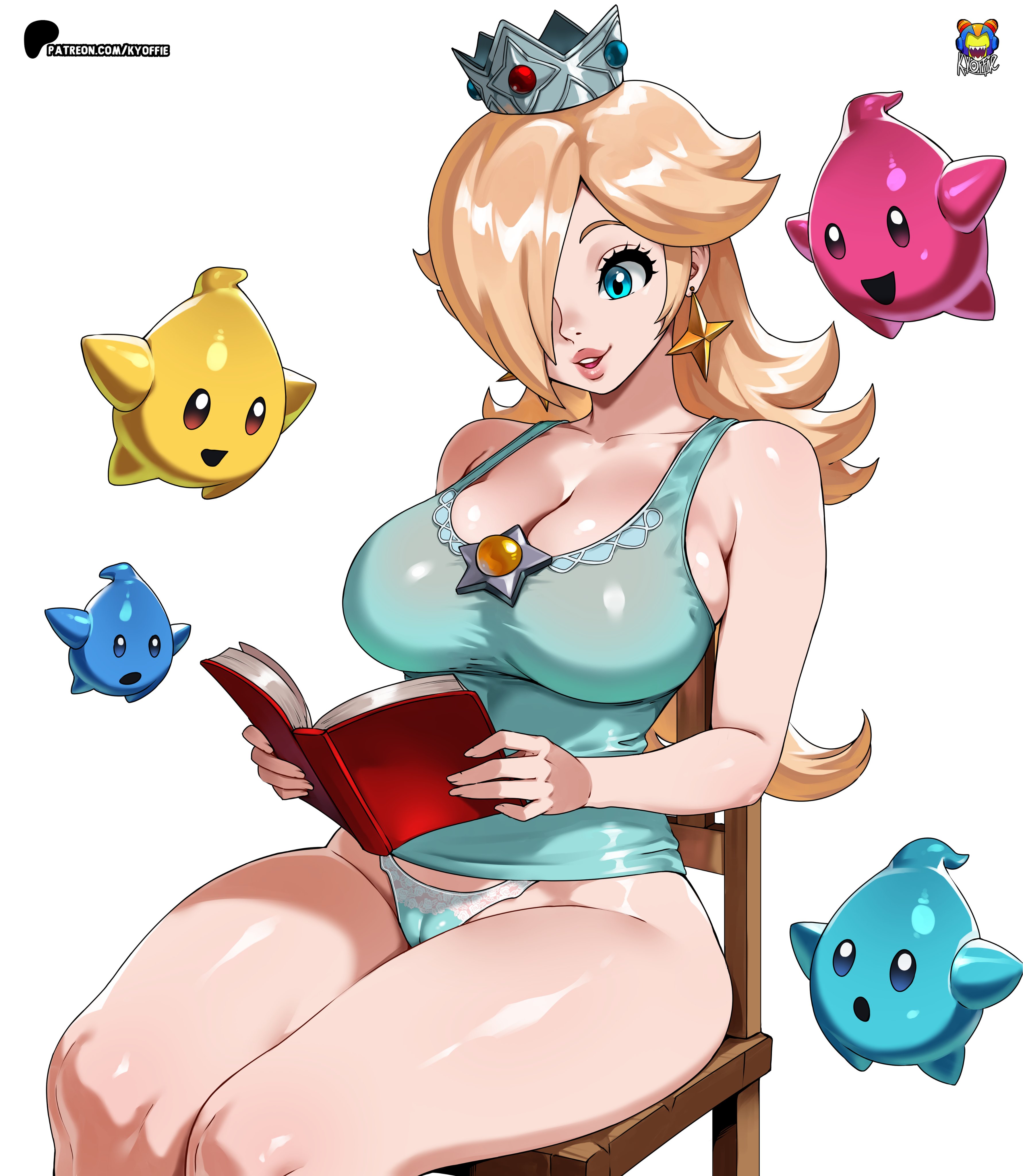 2026, big breasts, blonde hair, blue eyes, book, cyan eyes, kyoffie, luma, mario (series), pale skin, pale-skinned female, patreon, patreon watermark, princess rosalina, super mario galaxy, super mario galaxy (2026 film), super smash bros., tagme, thick thighs, watermark, white background