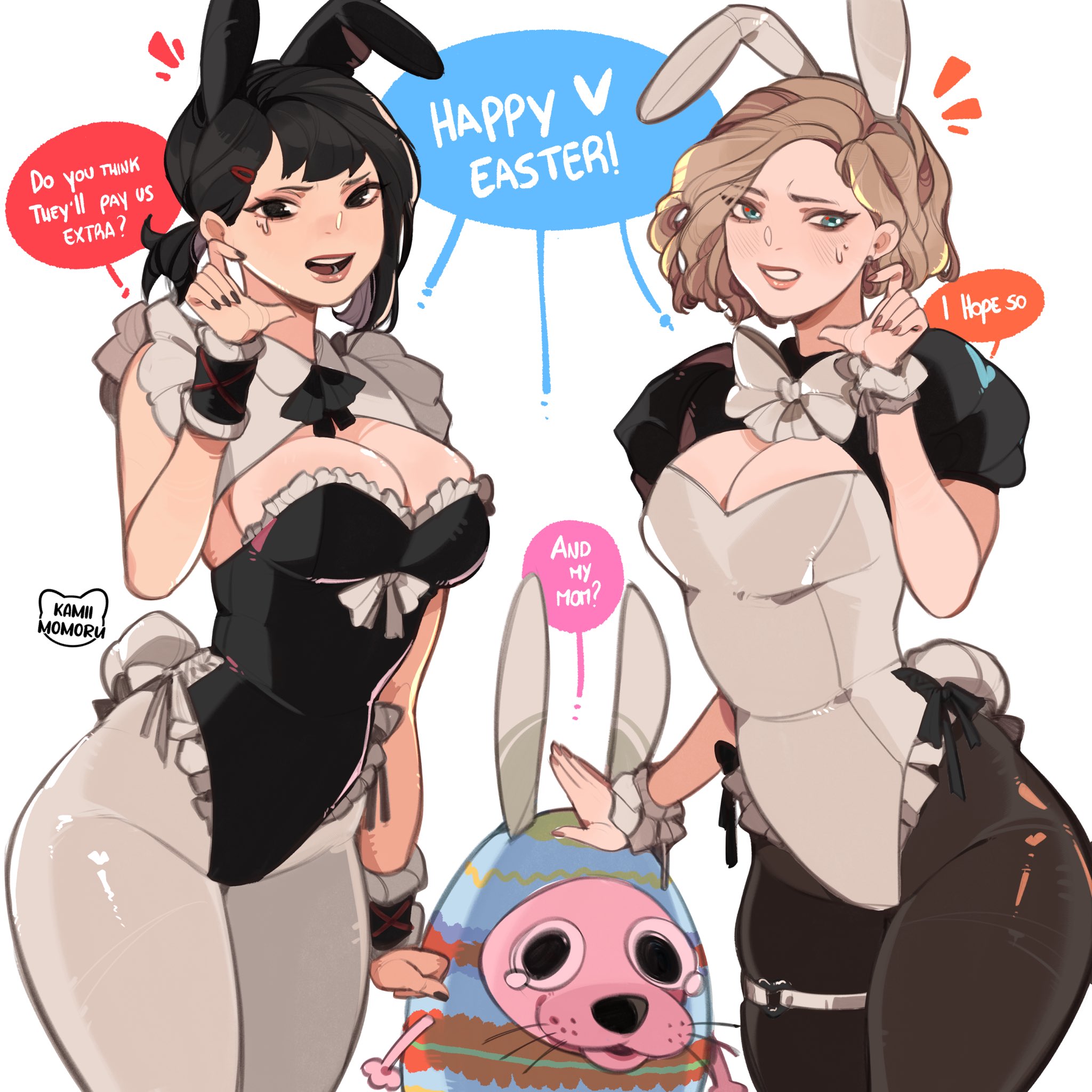 2girls, breasts, bunny ears, bunnysuit, chainsaw man, courage the cowardly dog, courage the cowardly dog (character), crossover, english text, female, female focus, grace ashcroft, grace ashcroft (julia pratt), higashiyama kobeni, kamii momoru, large breasts, light skin, light-skinned female, looking at viewer, resident evil, resident evil 9: requiem, text, thick thighs, thighs, wide hips