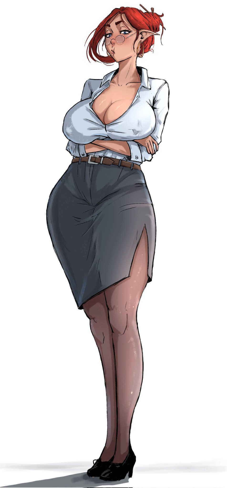 1girls, belt, black shoes, blue eyes, blush, breasts, button down shirt, chopsticks in hair, cleavage, earrings, elf, elf ears, elf female, exposed breasts, female, female only, folded arms, glasses, hair bun, heels, hoop earrings, legs together, long ears, looking at viewer, looking down, looking down at viewer, looking over eyewear, marianne (ved art2), nipple outline, nipples visible through clothing, office clothing, office lady, original, original character, pantyhose, red hair, scar, scar on face, scar on mouth, scarred, scarred face, shadow, shoes, tall, thick thighs, tight skirt, ved art2, vedart2, wearing glasses, wide hips