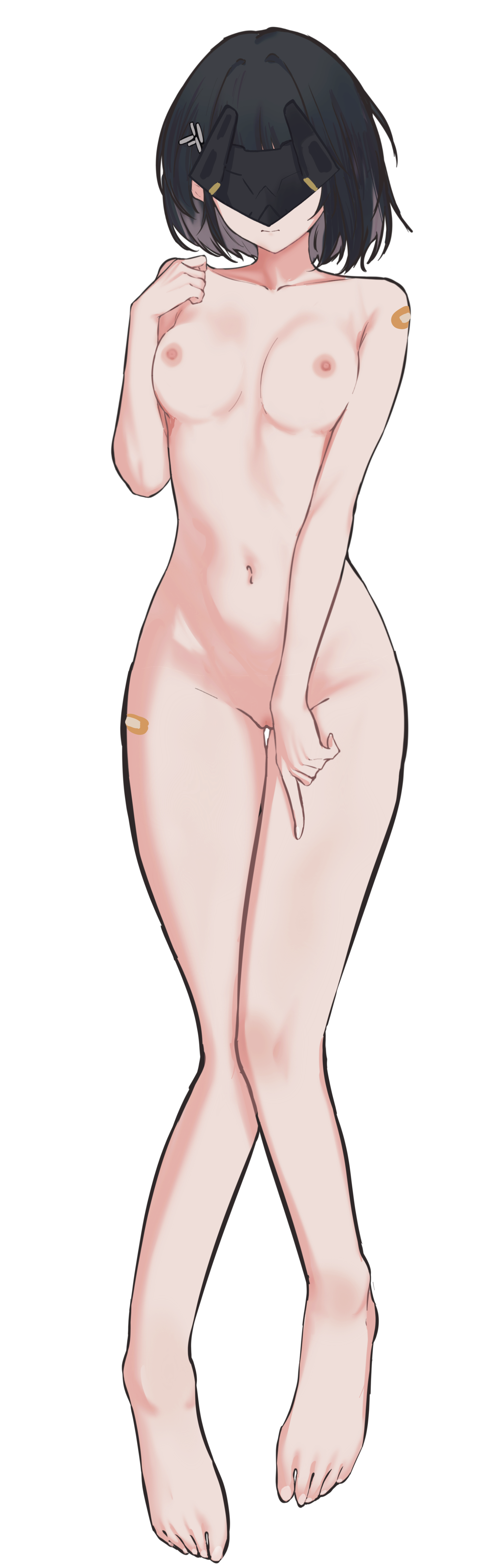 1girls, arknights, arknights: endfield, bandaid, bandaid on leg, barefoot, black hair, blush, endministrator (arknights: endfield), female endministrator (arknights: endfield), full body, large breasts, navel, nipples, nude, pussy, solo, visor