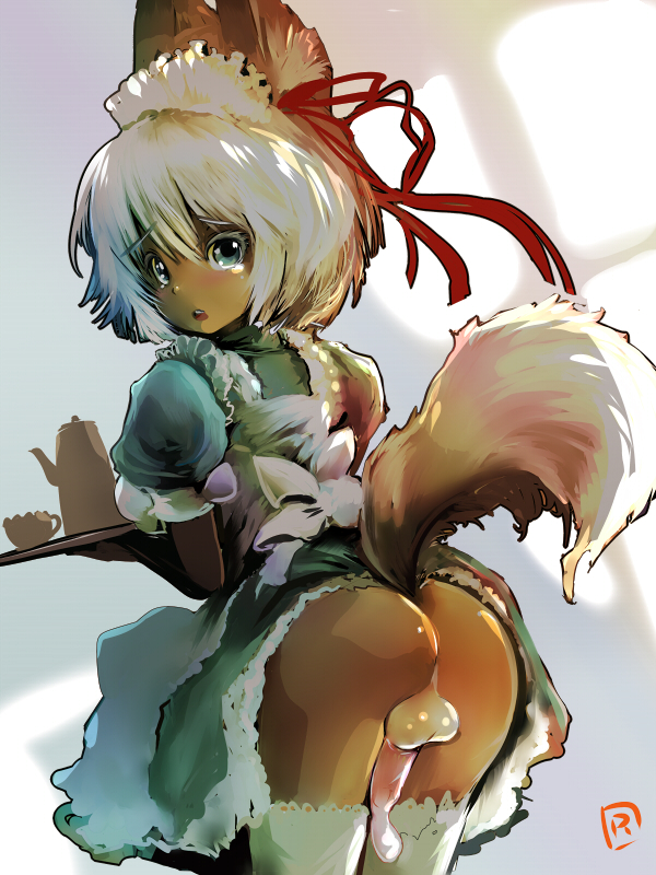 1boy :o animal_ears blonde_hair blue_eyes bow cock-tail coffee_pot condom condom_filling condom_on_penis cum cup dress dress_lift fox_ears fox_tail from_behind hair_ribbon holding lace lace-trimmed_thighhighs looking_at_viewer looking_back maid maid_headdress male no_panties open_mouth original penis presenting puffy_sleeves ribbon ryuno short_sleeves solo tail tears testicles thighhighs trap white_legwear