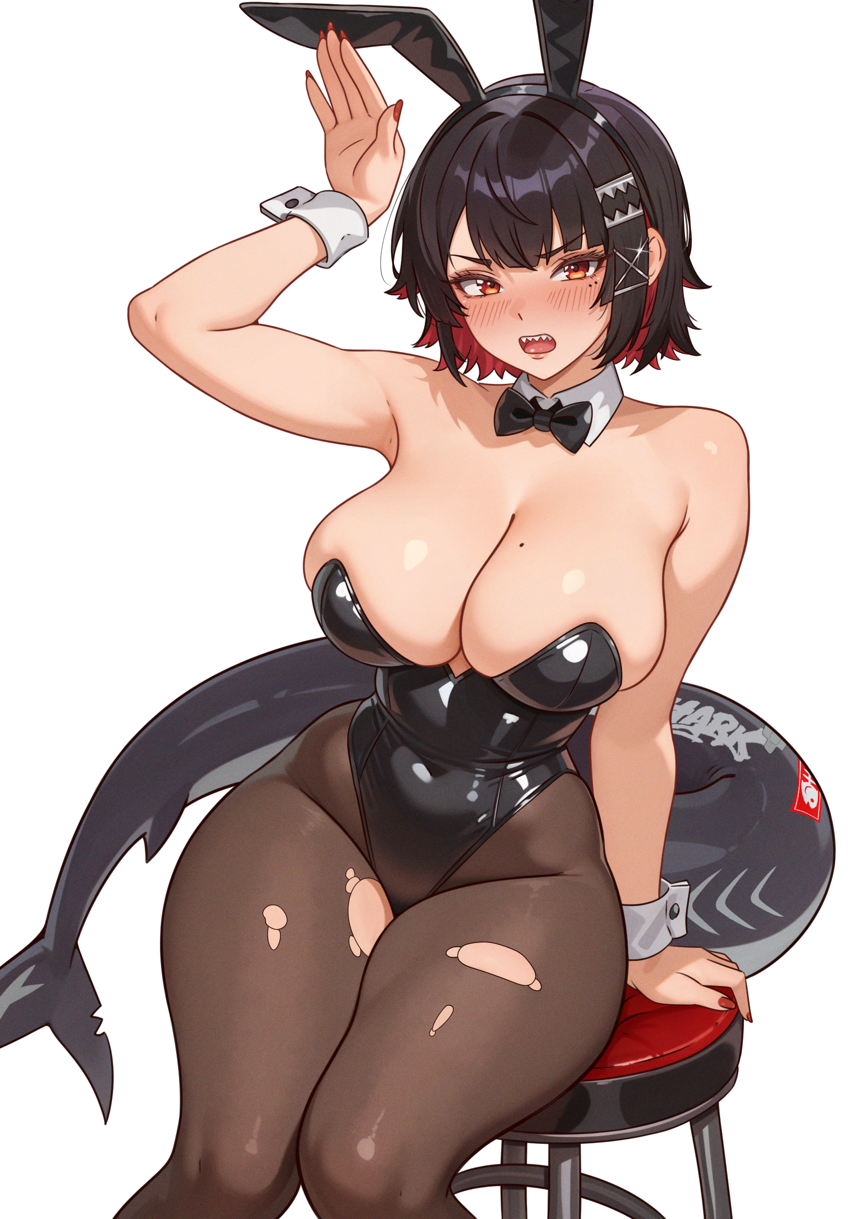 1girls, alternate version available, animal tail, armwear, artist name, big breasts, black bunnysuit, black hair, black pantyhose, blush, breasts, brown eyes, bunny ears, bunnysuit, cetta (cettadvd), cleavage, colored nails, ellen joe, fake animal ears, female, female only, hair, hair ornament, hairclip, hips, huge breasts, legwear, long nails, mole, mole on breast, mole under eye, nail polish, nails, necktie, neckwear, painted nails, pantyhose, pink hair, red nail polish, red nails, ripped leggings, shark girl, shark tail, sharp teeth, sitting, solo, solo female, stool, tail, thick thighs, thighs, torn pantyhose, two-tone hair, white background, wrist cuffs, zenless zone zero