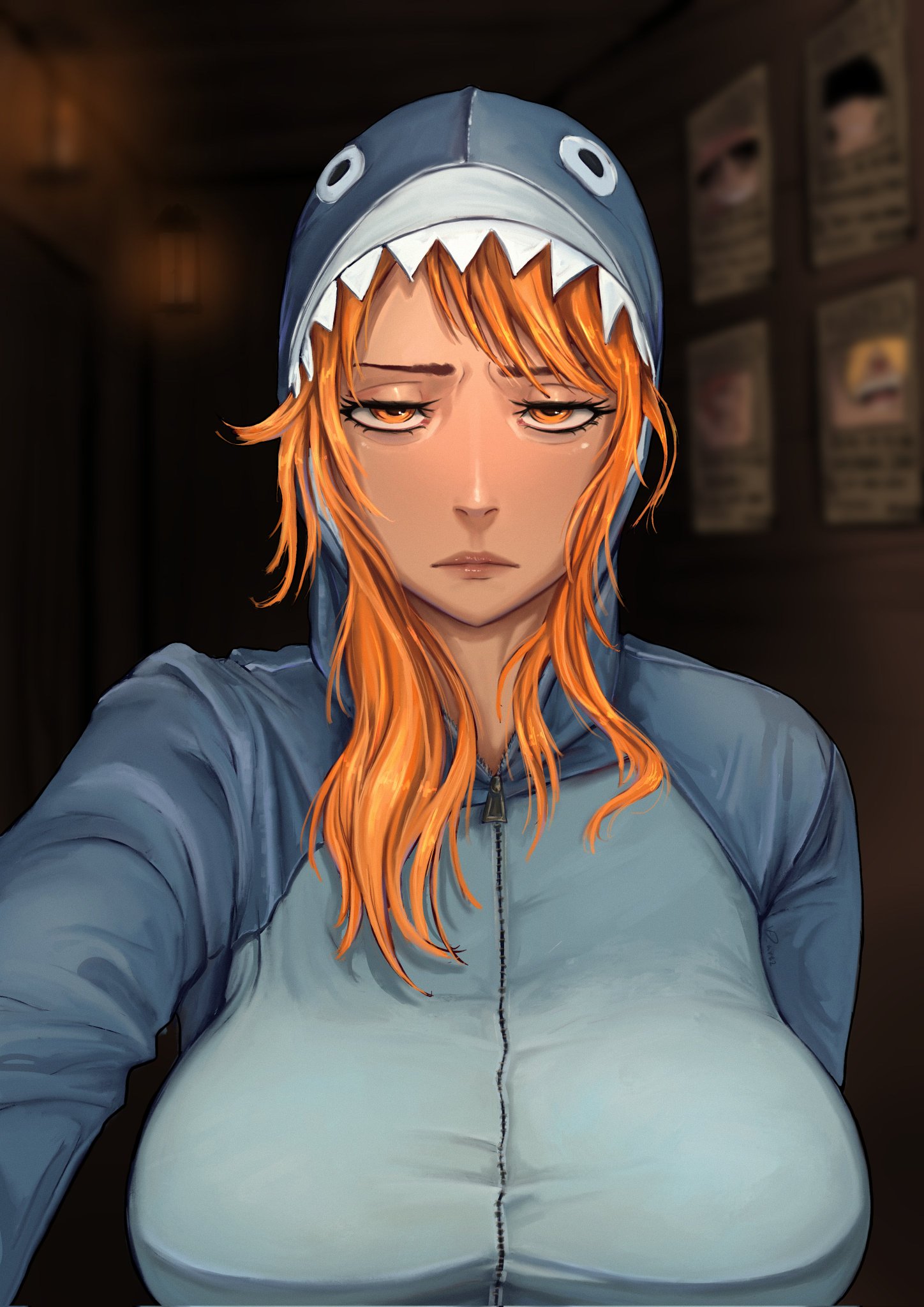 big breasts, female, female only, nami (one piece), narrow expression, narrowed eyes, one piece, onesie, selfie, selfie pose, shark costume, shark onesie, ved art2, vedart2, zipper, zipper onesie