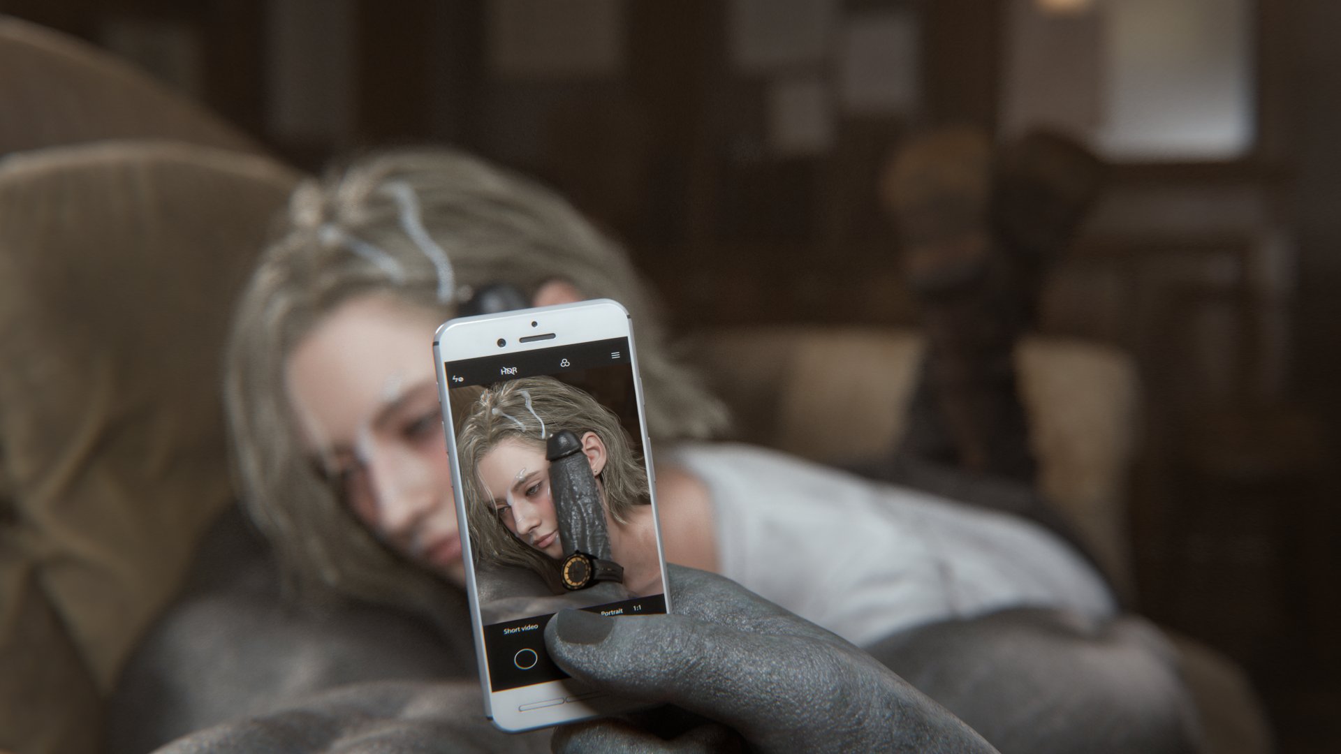 , blonde hair, bluelight, blush, blushing, clothed, clothed female nude male, couch, couch sex, cum, cum on face, cumshot, grace ashcroft, grey eyes, large penis, penis, phone, phone screen, photo, picture, pov, resident evil, resident evil 9: requiem, tyrant, unhappy female, watch