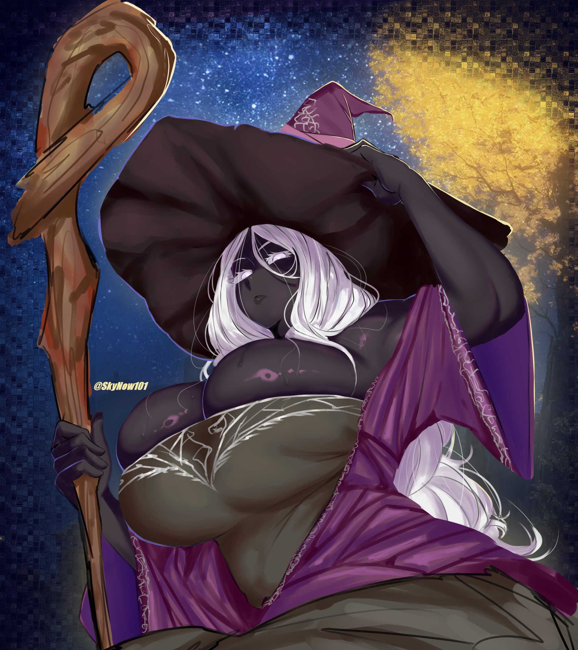 1girls, big breasts, busty, cleavage, curves, curvy, dark skin, dark-skinned female, elden ring, elden ring nightreign, female, female only, fromsoftware, hat, huge breasts, large breasts, milf, recluse (nightreign), skynow10, white eyes, white hair, witch, witch hat