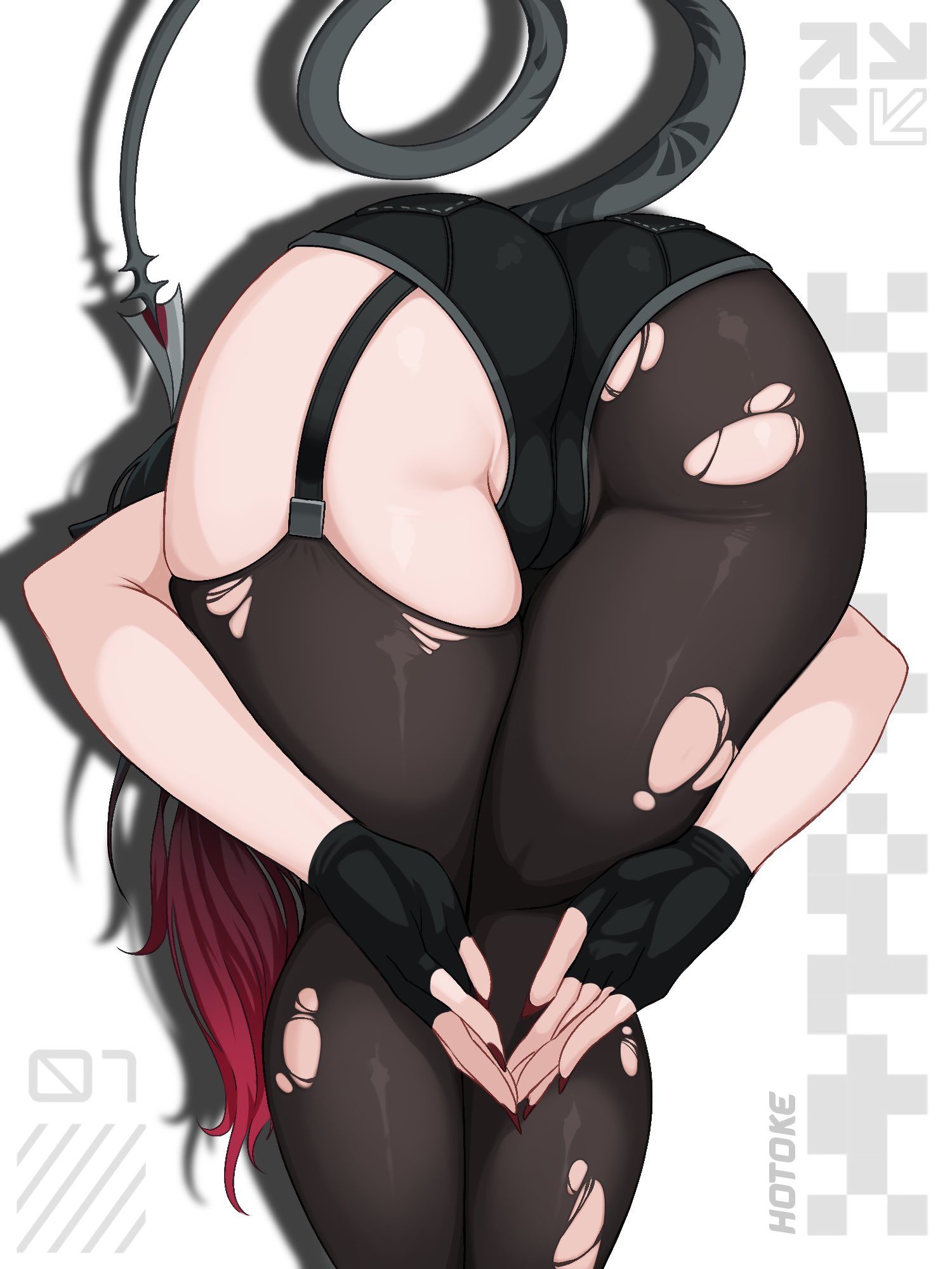 1girls, ass, ass focus, black gloves, black hair, black pantyhose, black shorts, black thighhighs, female, fingerless gloves, from side, gloves, hotoke shizuka, jane doe (zenless zone zero), long hair, mouse girl, mouse tail, multicolored hair, pantyhose, red hair, shorts, simple background, single leg pantyhose, single thighhigh, solo, tail, thighhighs, thighs, torn clothes, torn pantyhose, torn thighhighs, two-tone hair, very long hair, zenless zone zero