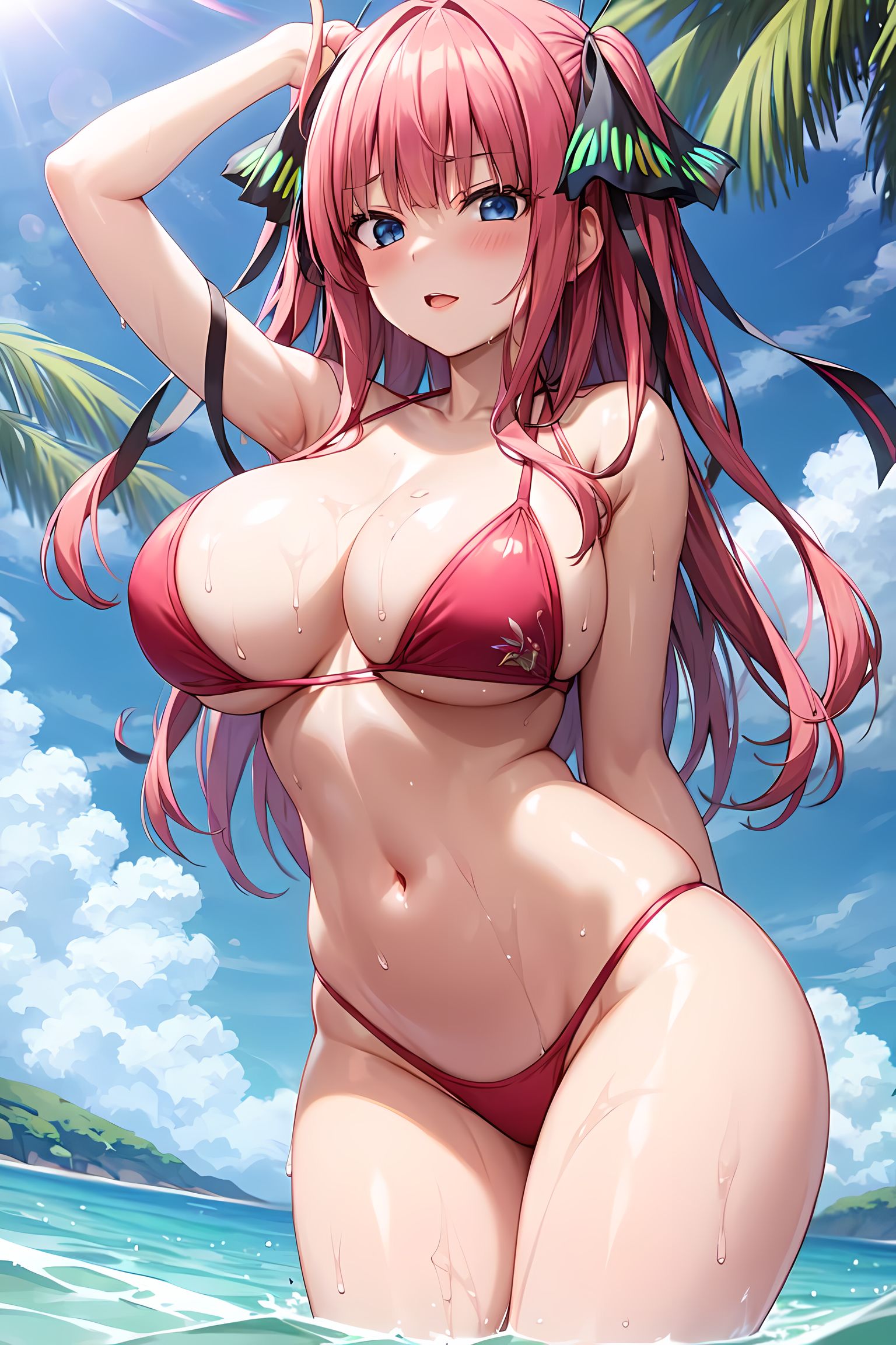 1girls, ai generated, beach, bikini, breasts, female, go-toubun no hanayome, hips, huge breasts, medium hair, nakano nino, outdoors, pink hair, thick thighs, thighs, wide hips