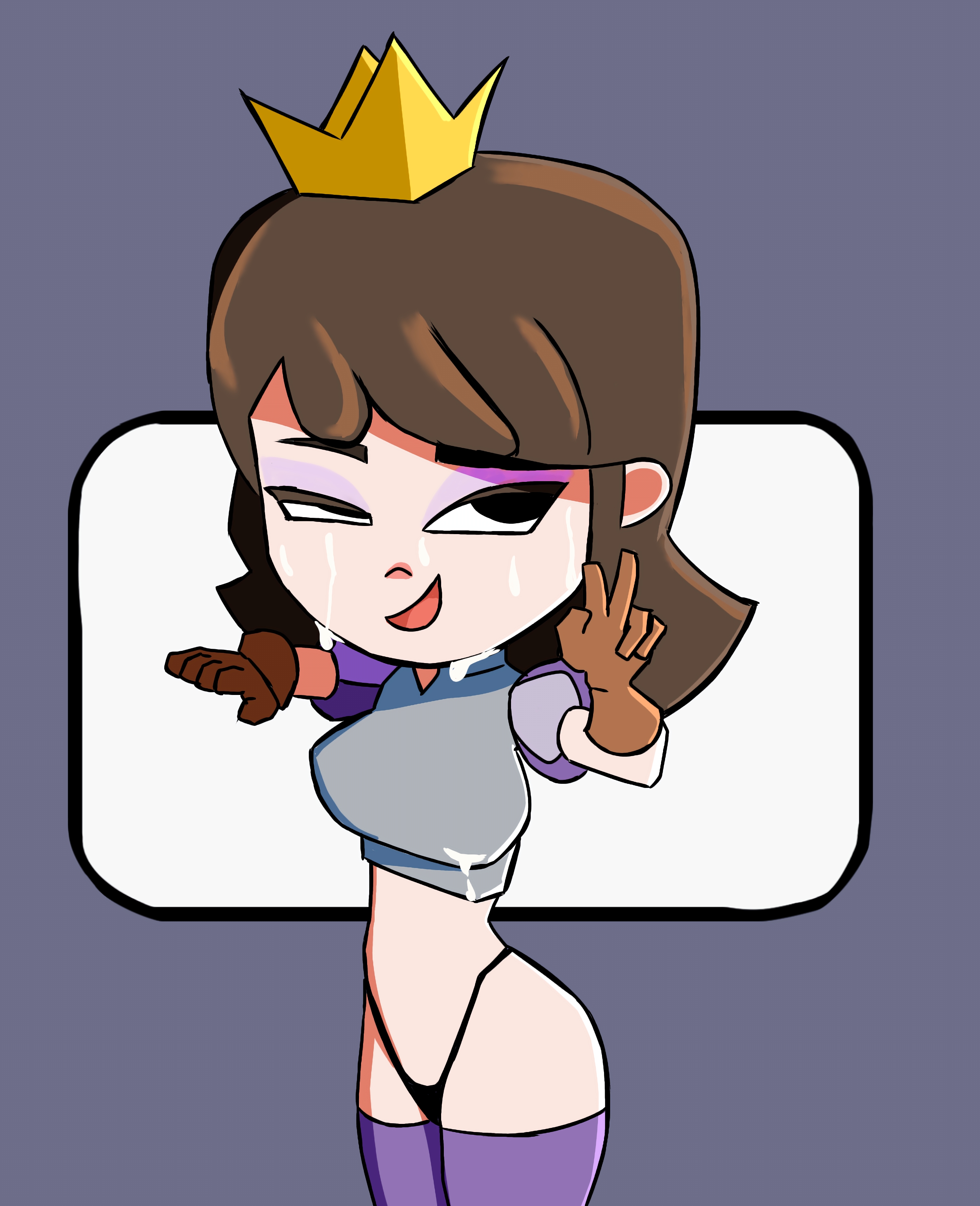 big breasts, blue princess (clash royale), breekn, brikmk, brown hair, clash (series), clash royale, emote, emote (clash royale), medium hair, panties, princess (clash royale), simple background, standing, stockings, supercell, wink