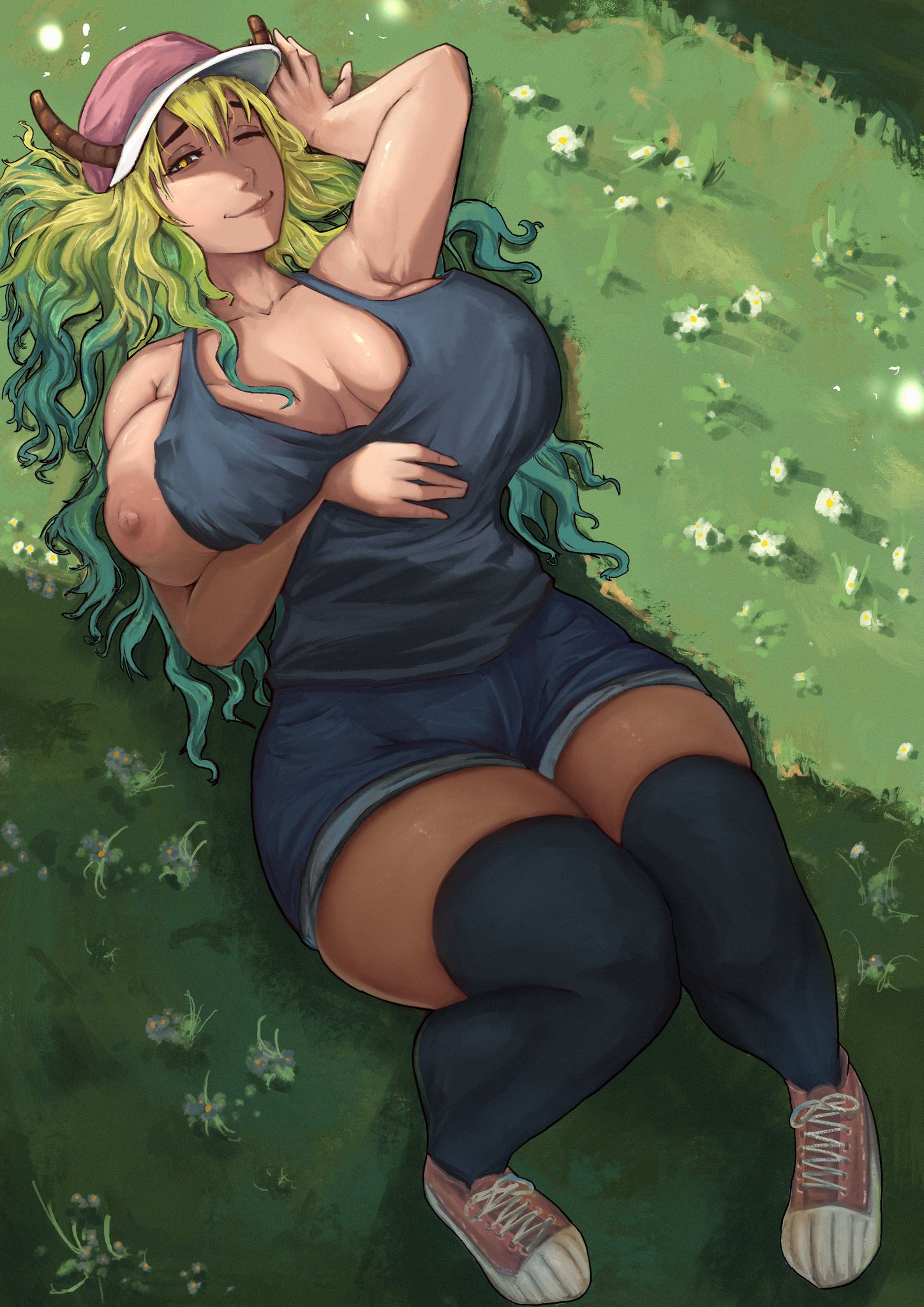 arm under breasts, armpits, arms up, boob slip, breast slip, breast spill, dragon maid, female, female only, holding breast, holding breast with arm, human form, lucoa, lucoa (maidragon), nipple slip, nipples visible through clothing, stockings, ved art2, vedart2