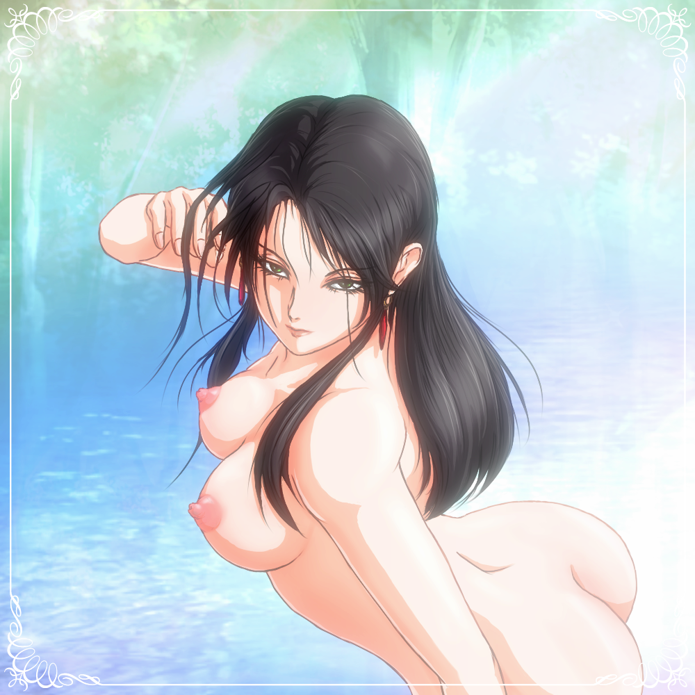 arslan_senki ass back bare_shoulders black_hair breasts earrings falangies female green_eyes lips long_hair nipples nude water