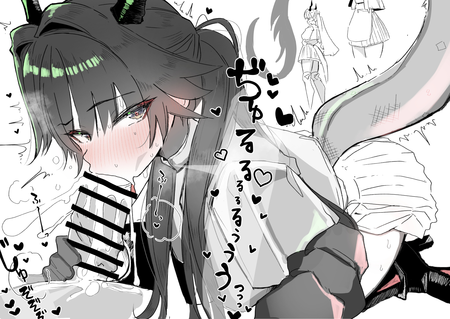 1boy, 1girls, arknights, arknights: endfield, ass, blush, chen qianyu (arknights: endfield), cum in mouth, cumshot, dragon girl, dragon horns, ejaculation, fellatio, handjob, japanese text, large penis, spoken heart, straight, terminalmethod, thighs
