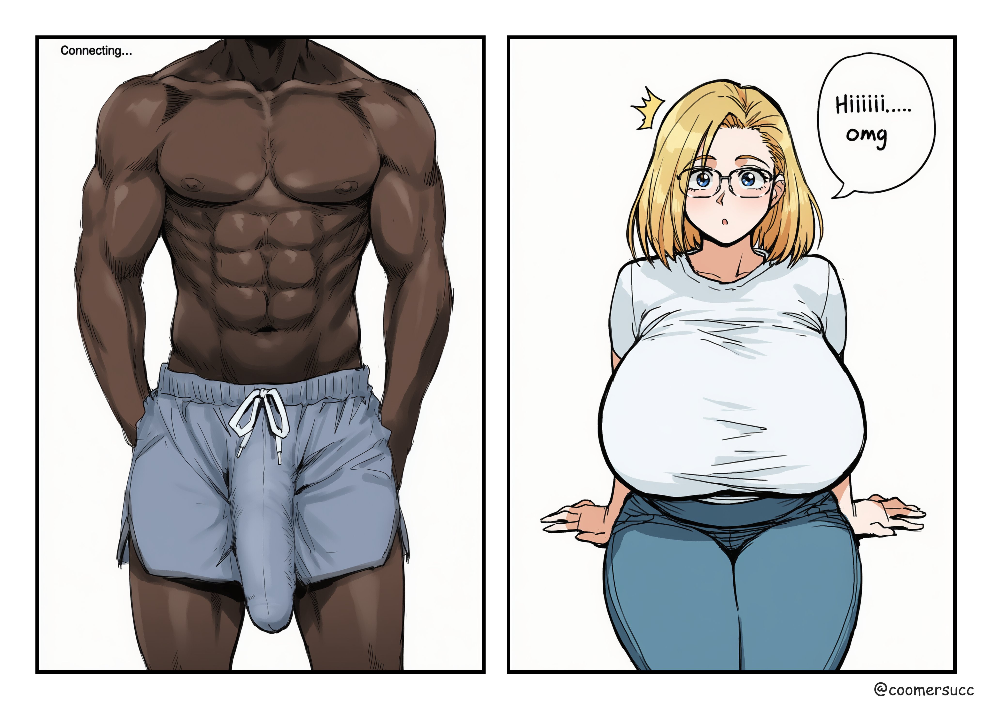 1boy, 1girls, ai generated, big penis, blonde hair, bulge, coomersucc, dark skin, dark-skinned male, english text, female, huge breasts, interracial, large breasts, male, text