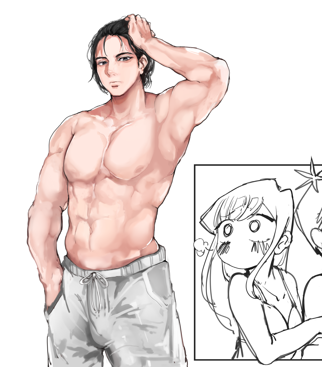 1girl, 1girl2boys, 1girls, 2boys, 2boys1girl, abs, admiring, biceps, black and white, black eyes, black hair, blush, blushing, bulge, bulge through clothing, bulge under clothes, cheating, closed mouth, clothed, clothed female, clothed male, couple, dress, eyebrows raised, fit, fit male, generic character, generic male, grey sweatpants, hand in pocket, hand on head, hugging partner, japanese female, japanese male, komi can't communicate, komi shouko, komi-san wa komyushou desu, light skin, light-skinned male, long hair, looking at another, mamimi (artist), mamimi (mamamimi), mouth closed, muscular, muscular male, netorare, ntr, outline, pants, penis outline, raised eyebrows, short hair, simple background, sweatpants, tadano hitohito, trunks, turning head, white background, white pants