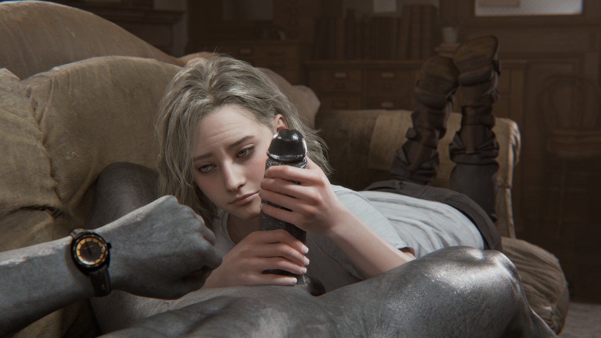 blonde hair, bluelight, blush, blushing, clothed, clothed female nude male, couch, couch sex, grace ashcroft, grey eyes, handjob, large penis, looking away, penis, pov, resident evil, resident evil 9: requiem, two handed masturbation, tyrant, watch