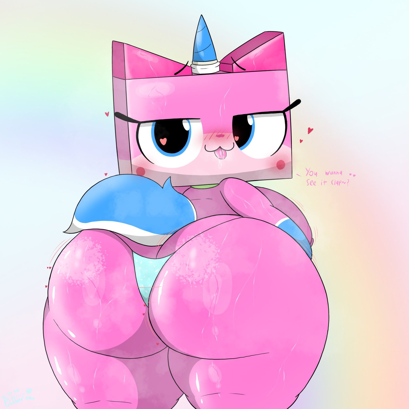 1:1, 1girls, 2026, absurd res, anthro, ass, bent over, big ass, big breasts, big butt, biped, bodily fluids, bottom heavy, bottomless, breasts, buttonskittycat, cat girl, catgirl, clothed, colossal ass, cute, cute face, cyan clothing, digital media (artwork), domestic cat, english text, enormous ass, felid, feline, felis, female, female only, g-string, giant ass, gigantic ass, half-closed eyes, heart, hi res, horn, huge ass, huge butt, large ass, looking at viewer, looking back, looking back at viewer, mammal, massive ass, narrowed eyes, pink body, pink fur, plump ass, rainbow, rear view, shortstack, signature, simple background, solo, solo female, sweat, tail, text, the lego movie, thick thighs, tongue, tongue out, underwear, unicorn, unicorn horn, unikitty, unikitty (series), unikitty!, wide hips