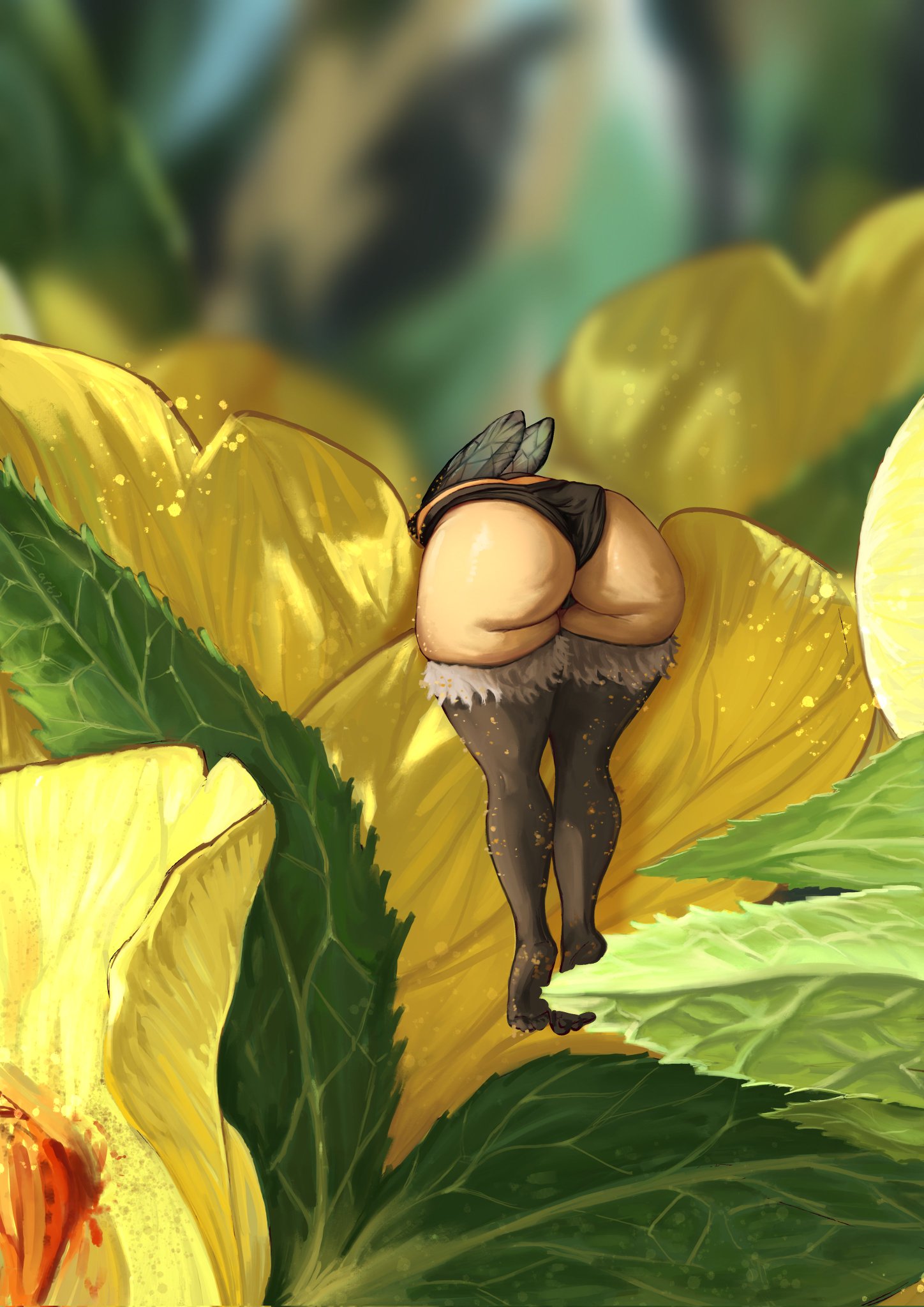 1girls, ass, bee, bee wings, bent over, big ass, bumble bee (species), cellulite, fat ass, feet, female, female only, flower, funny, leaves, little wings, lower body, lower body only, silly, stockings, thick thighs, thigh highs, thighhighs, tiny, tiny female, ved art2, vedart2, wings, yellow body, yellow flower, yellow skin