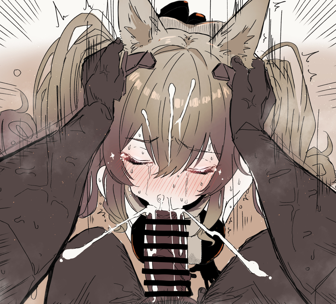 arknights, arknights: endfield, blush, brown hair, closed eyes, cum in mouth, cumshot, dark skin, dark-skinned male, ejaculation, fellatio, fox ears, fox girl, gilberta (arknights: endfield), hands on another's head, interracial