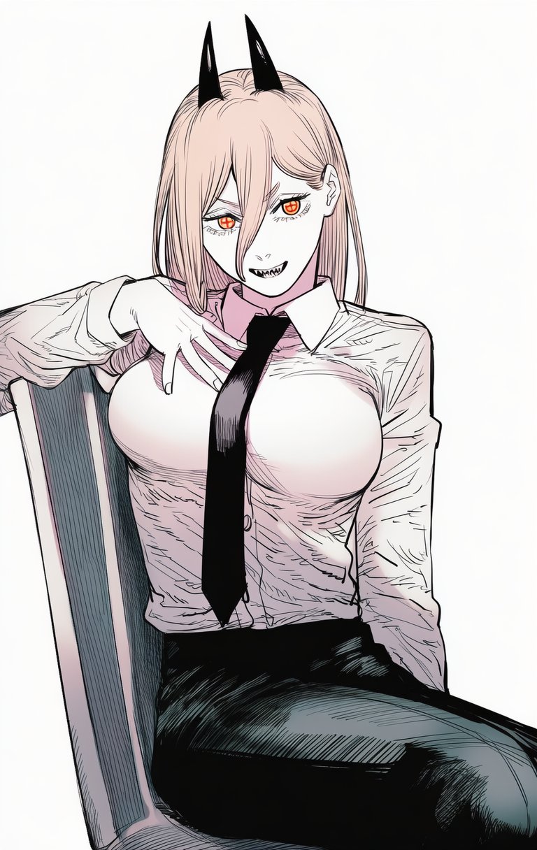 breasts, chainsaw man, fully clothed, hand on breast, j anime base, looking at viewer, power (chainsaw man), sfw, sitting, tight clothes, tight clothing, tight fit, white shirt