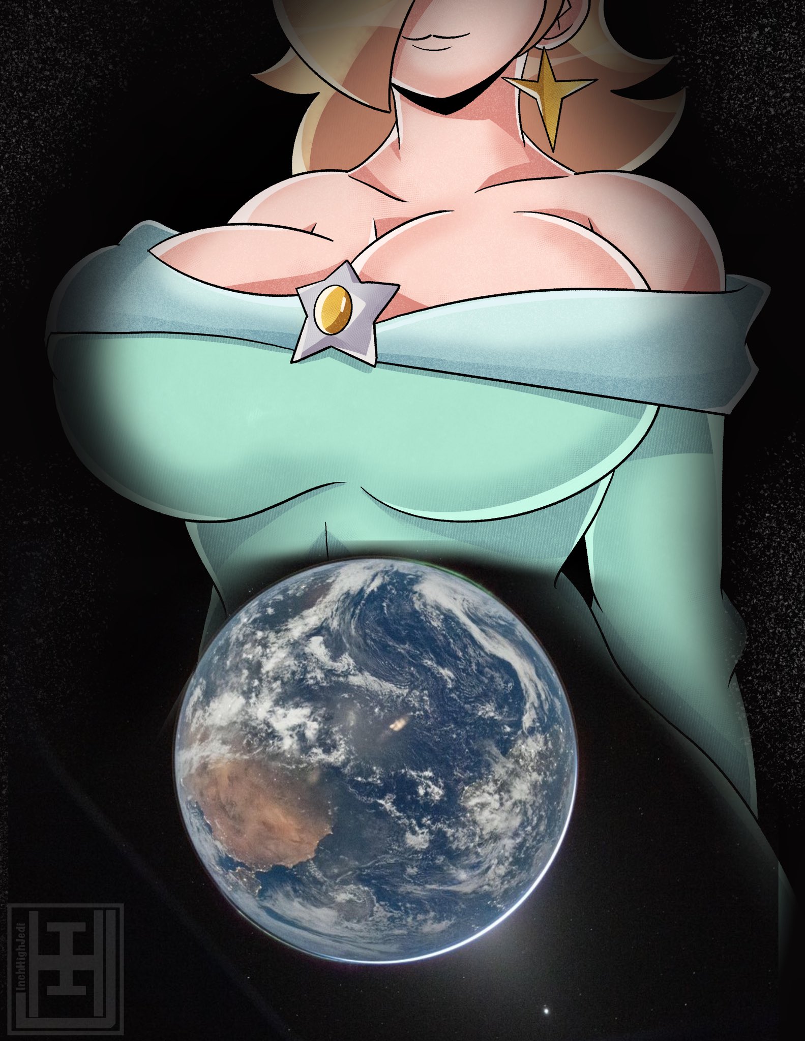 2020s, 2026, big breasts, blonde female, blonde hair, blonde-haired female, blue dress, breasts, city, clothed, clothed female, female, female focus, female only, giantess, inchhighjedi, large boobs, large breasts, light blue dress, light skin, light-skinned female, macro, macro female, mario (series), mario bros, planetary macro, princess, princess rosalina, royalty, super mario bros., super mario galaxy, super mario galaxy (2026 film), super mario galaxy 2
