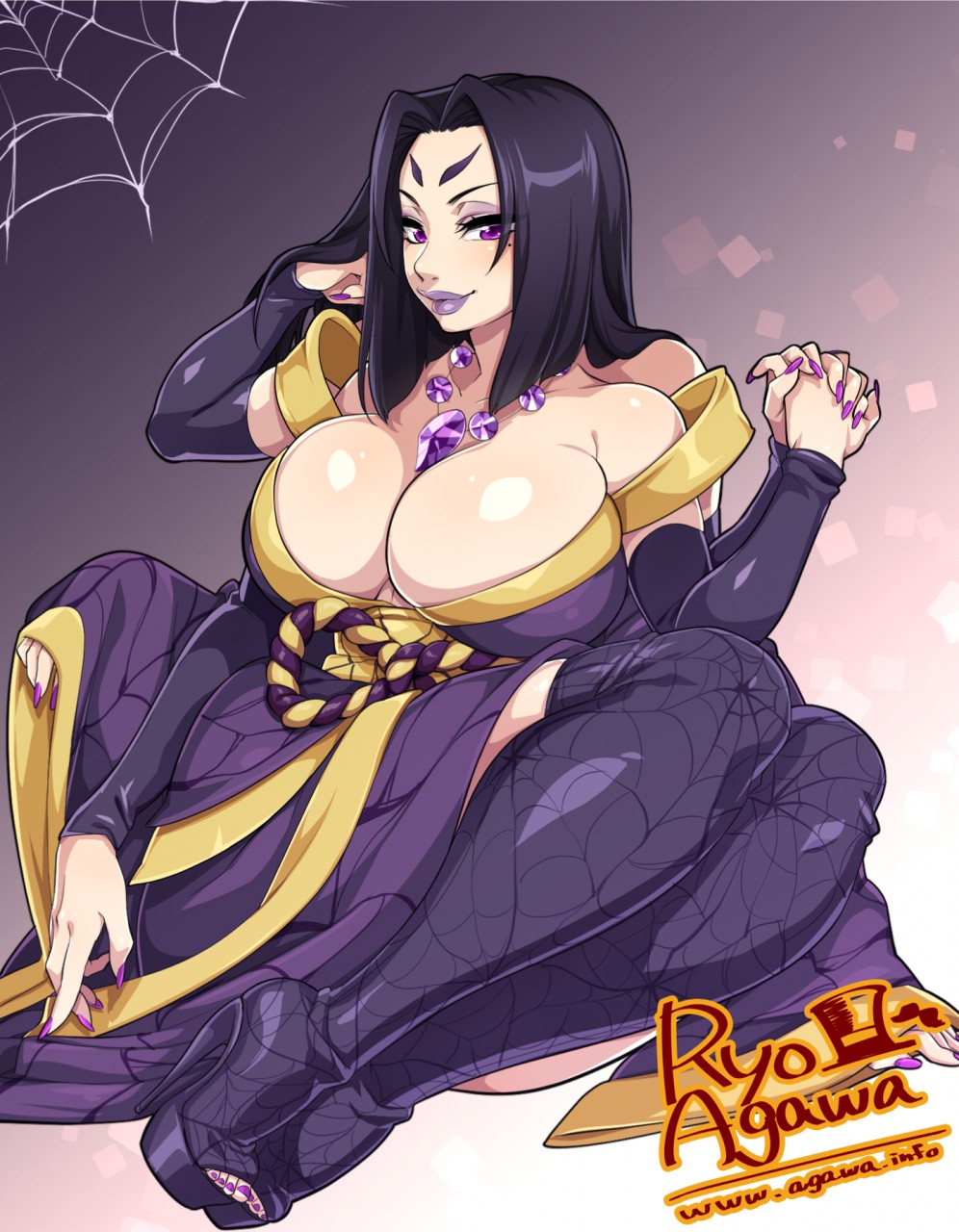 1girls 4_legs 6_arms beauty_mark big_breasts bimbo black_hair boots breasts busty cleavage eyeliner female female_only fingernails high_heels kimono lady_onikumo large_breasts lipstick long_hair makeup mole multi_arm multi_limb nail_polish necklace open_toe_shoes purple_eyes ryo_agawa sitting sleeves solo thigh_boots toeless_legwear toenails voluptuous