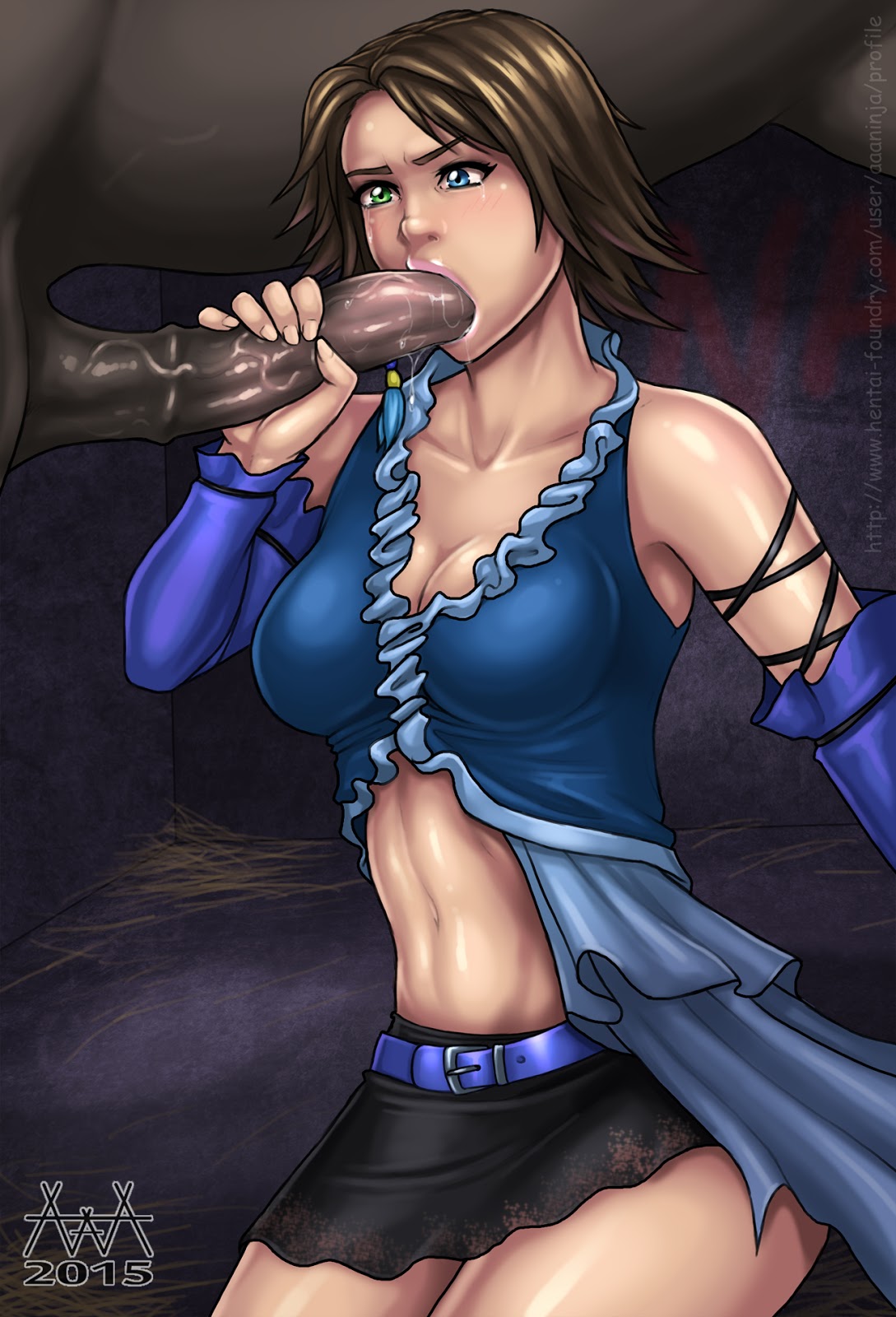 aaaninja bestiality brown_hair cleavage fellatio female final_fantasy final_fantasy_x final_fantasy_x-2 heterochromia horse horsecock human kneeling male navel oral penis short_hair skirt sleeves straight yuna zoophilia