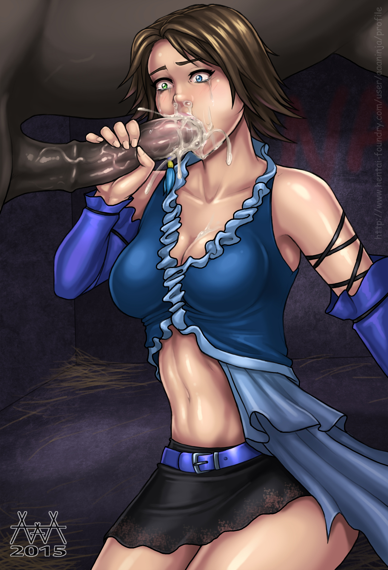 1girls, 2d, aaaninja, belt, bestiality, blue eyes, breasts, brown hair, cleavage, crying, cum, cum explosion, cum in mouth, cum inside, cum on breasts, cum out nose, equine, fellatio, female, final fantasy, final fantasy x-2, green eyes, heterochromia, horse, horsecock, human, male, navel, oral, penis, saliva, sex, skirt, sleeves, straight, tears, yuna, yuna (songstress), zoophilia