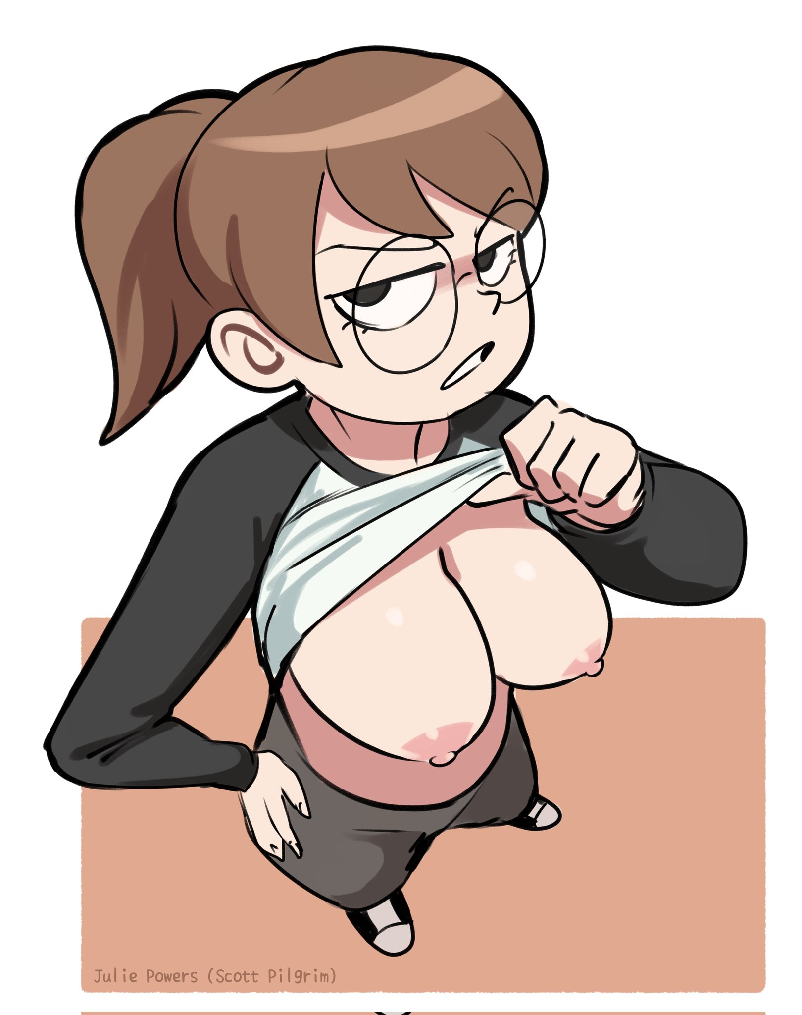 1girls, breasts, brown hair, female, glasses, julie powers, light-skinned female, nipples, ponytail, scott pilgrim, scott pilgrim takes off, solo, triplestabber