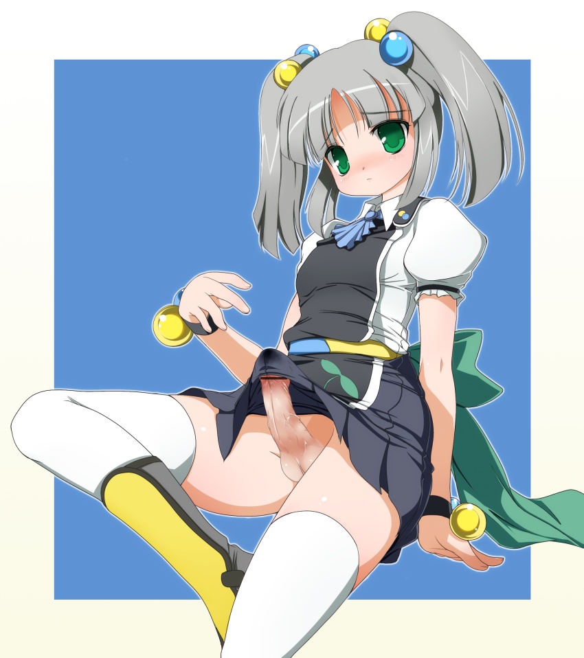 1boy ashita_yaru crossdressing erection girly grey_hair male penis solo tied_hair trap twintails